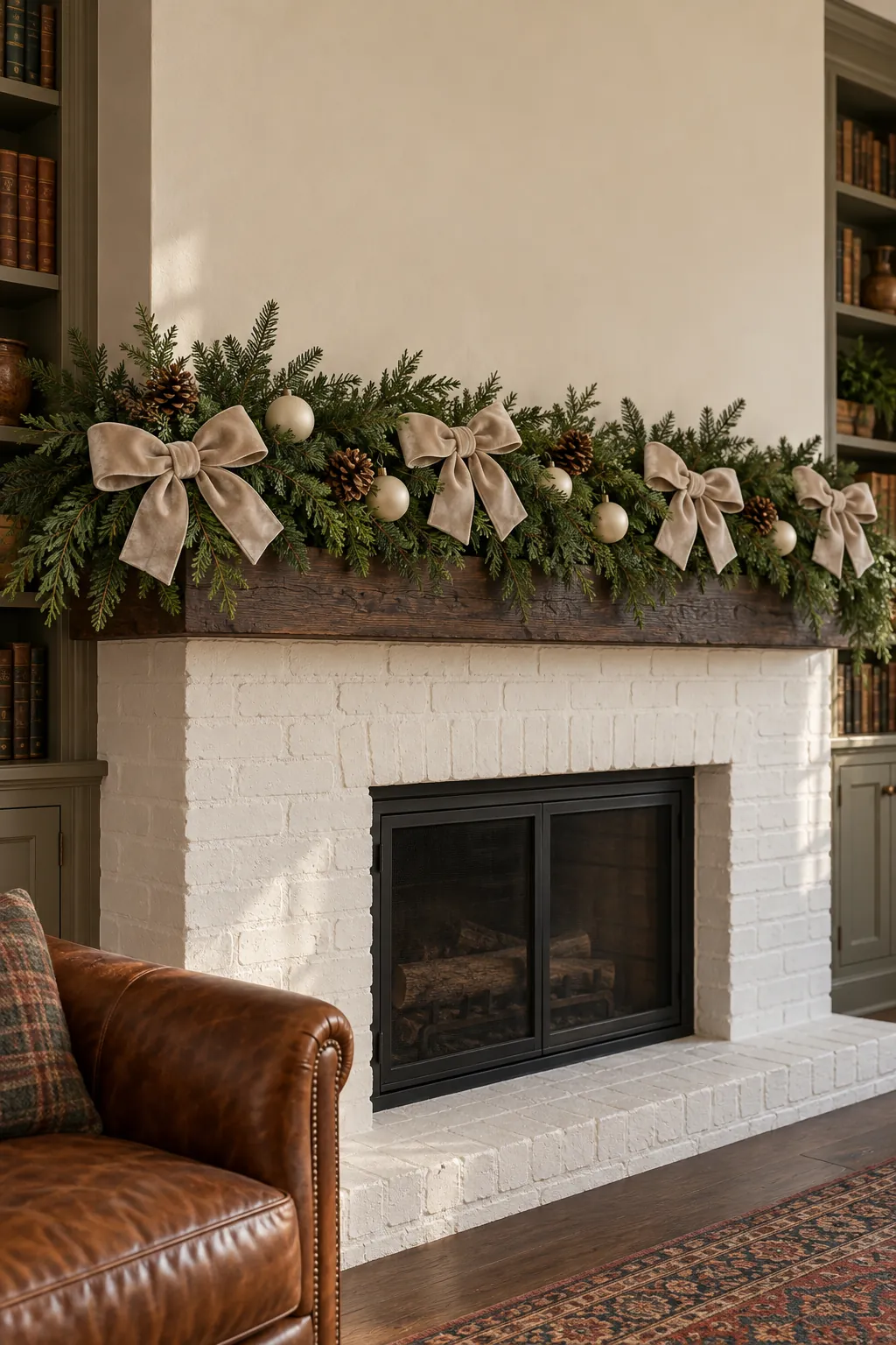 Oatmeal velvet bows spaced through evergreen Christmas mantel decor