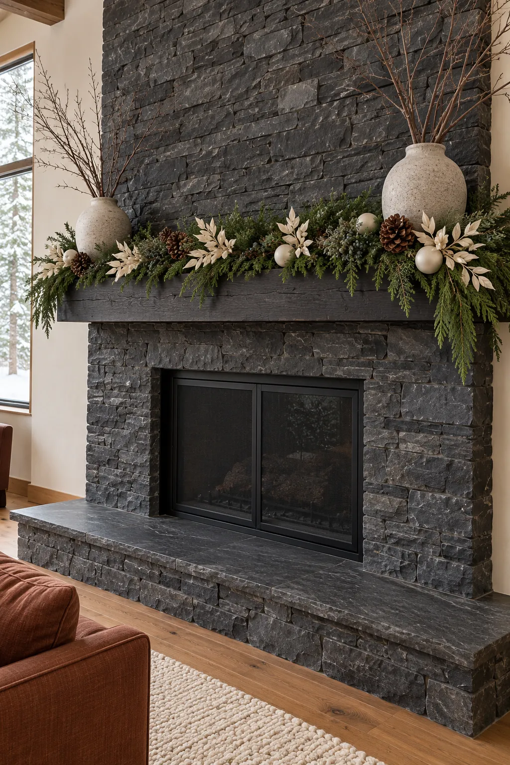 Bleached ruscus brightening evergreen garland on a dark stone mantel