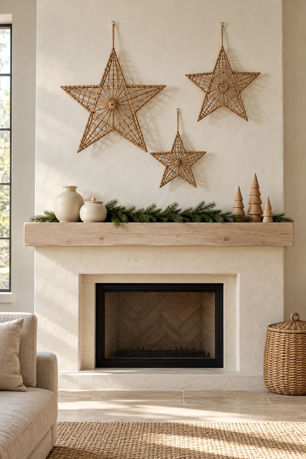 Woven wicker stars above a pale neutral Christmas mantel