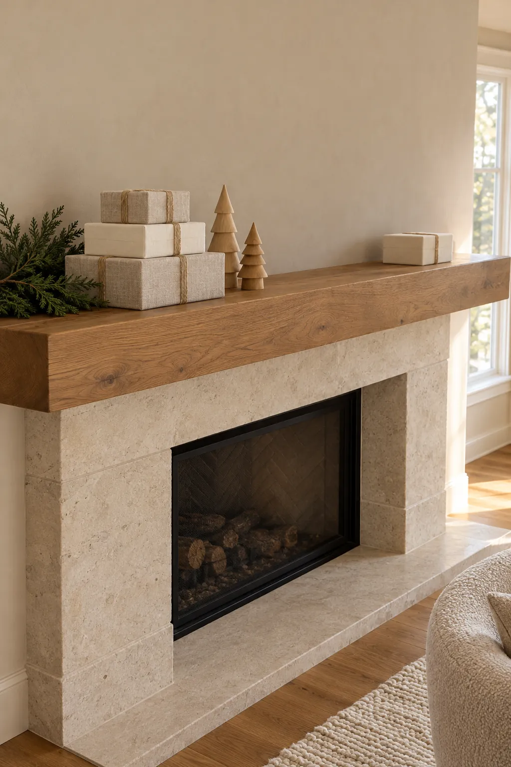 Linen wrapped decorative gift boxes on a deep neutral Christmas mantel