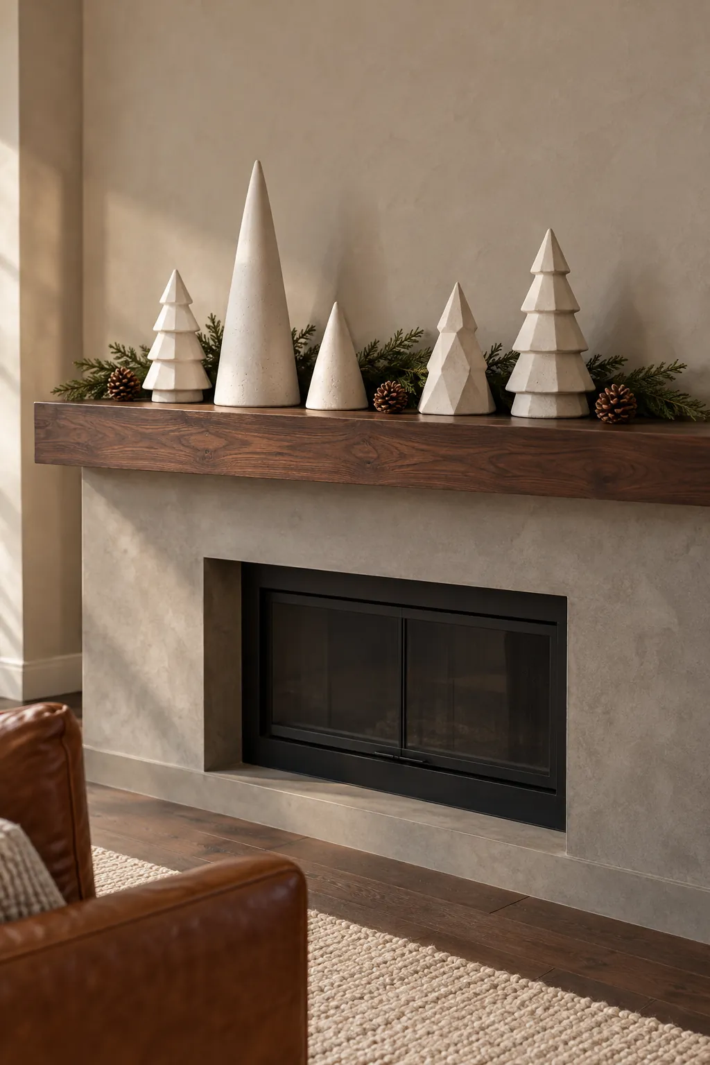 Chalky white plaster Christmas trees arranged on a wood mantel