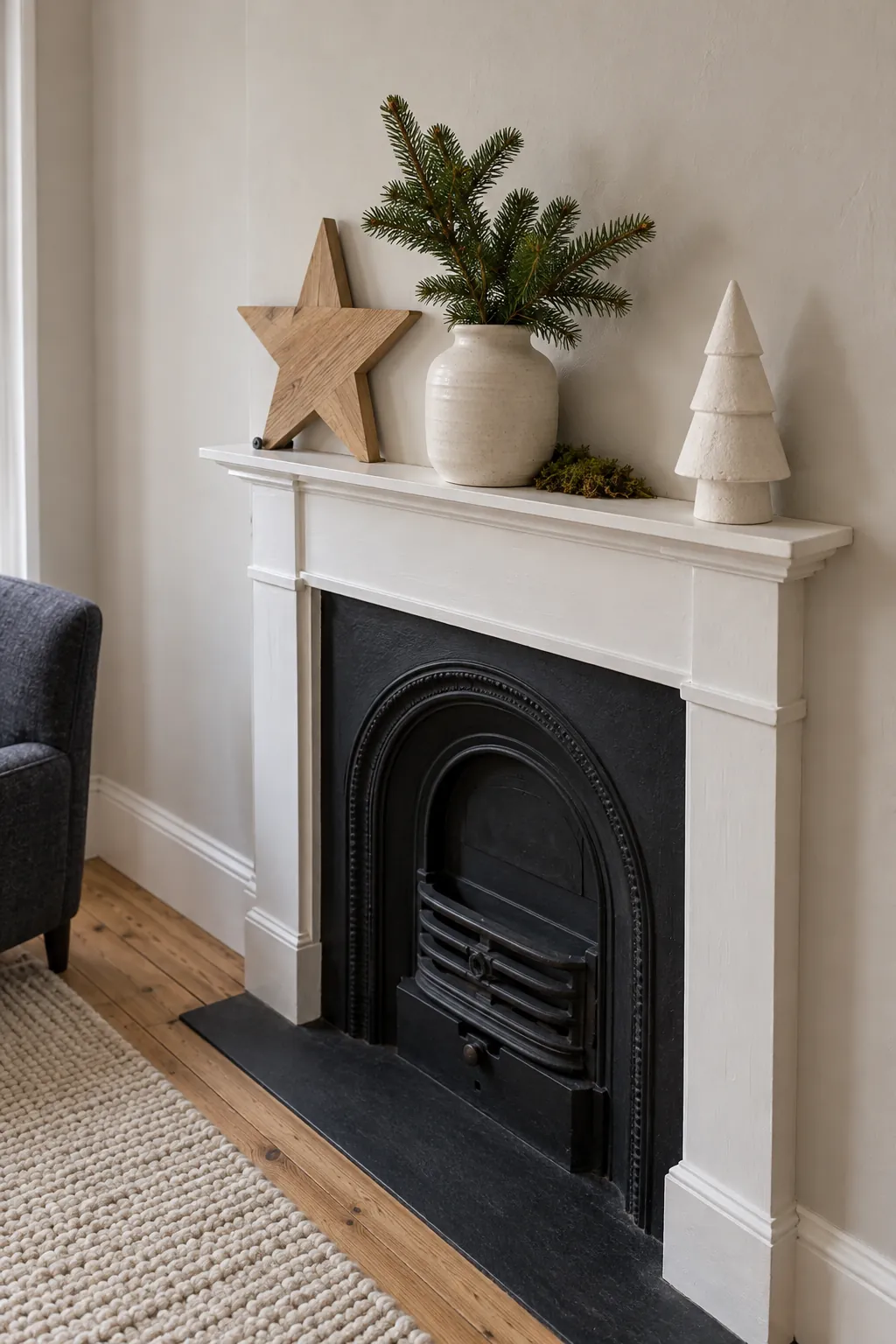 Three stable neutral Christmas decorations on a narrow mantel shelf