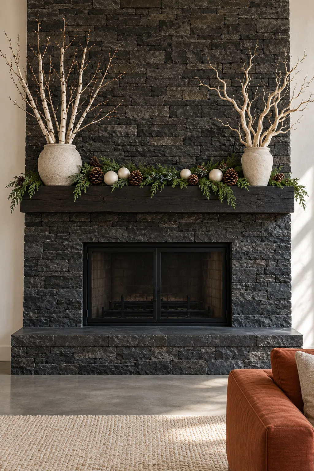 Pale winter branches contrasting with a dark stone Christmas fireplace