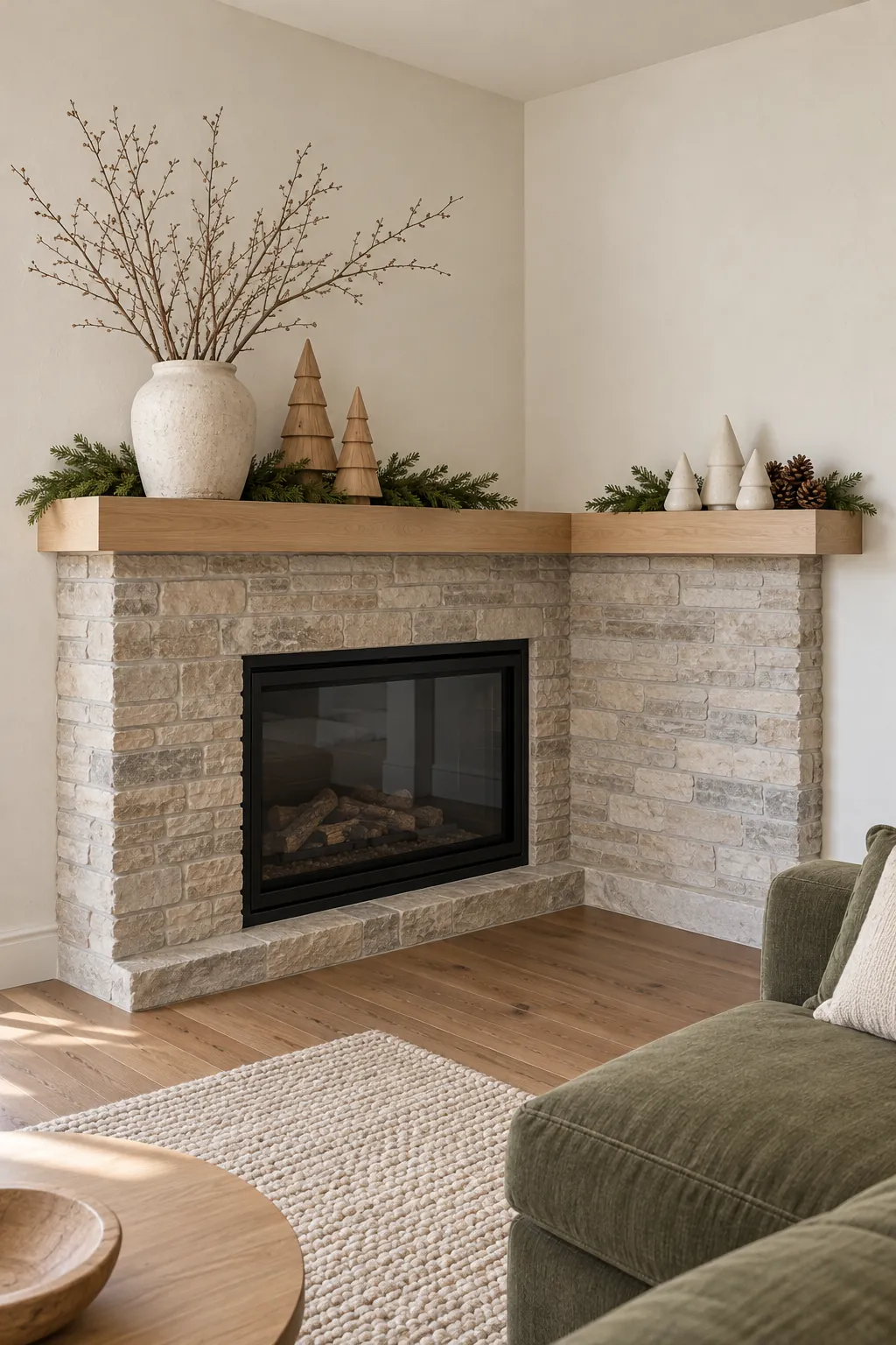 Neutral Christmas decor balanced across two sides of a corner mantel