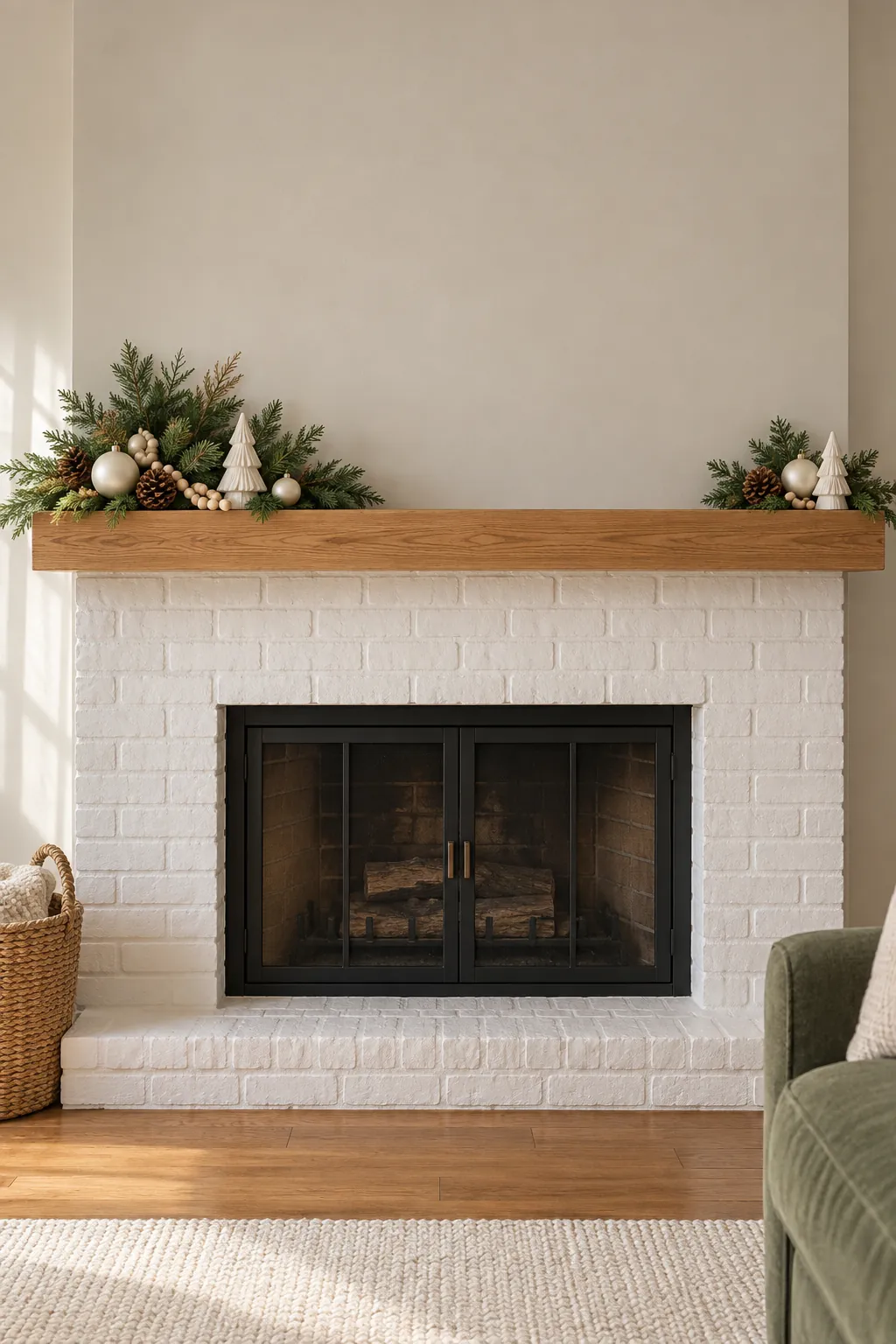 Two neutral Christmas mantel clusters separated by clear shelf space