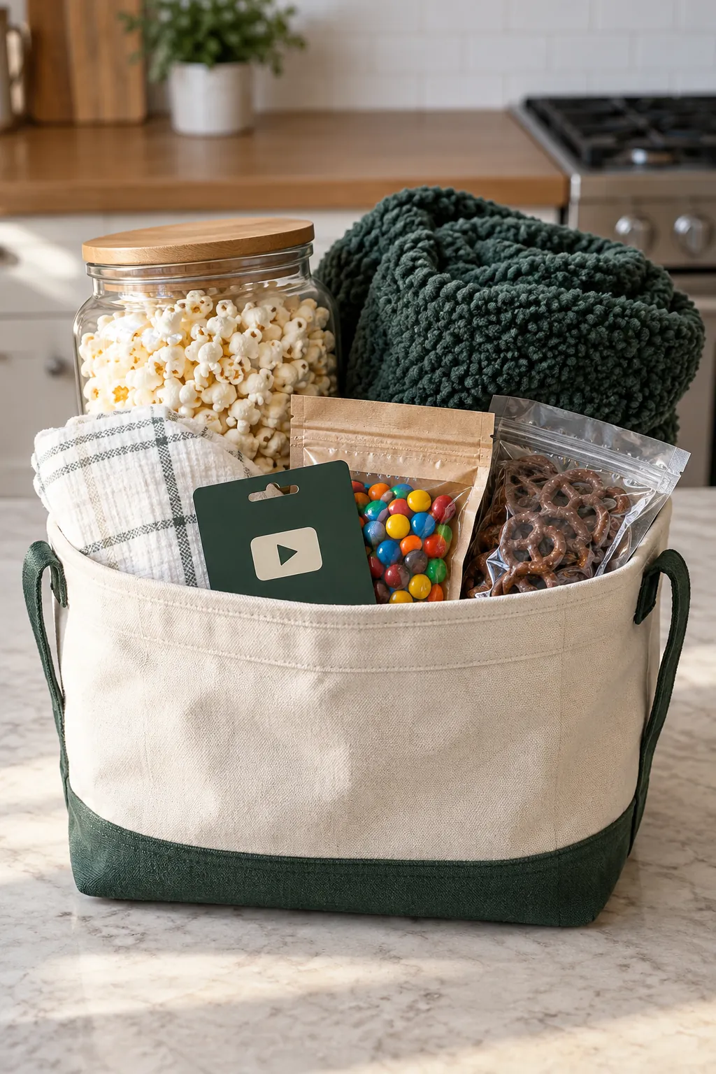 Movie Marathon Basket arranged as a useful gift basket