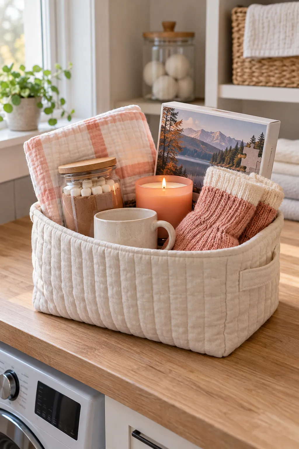 Cozy Night Basket arranged as a useful gift basket