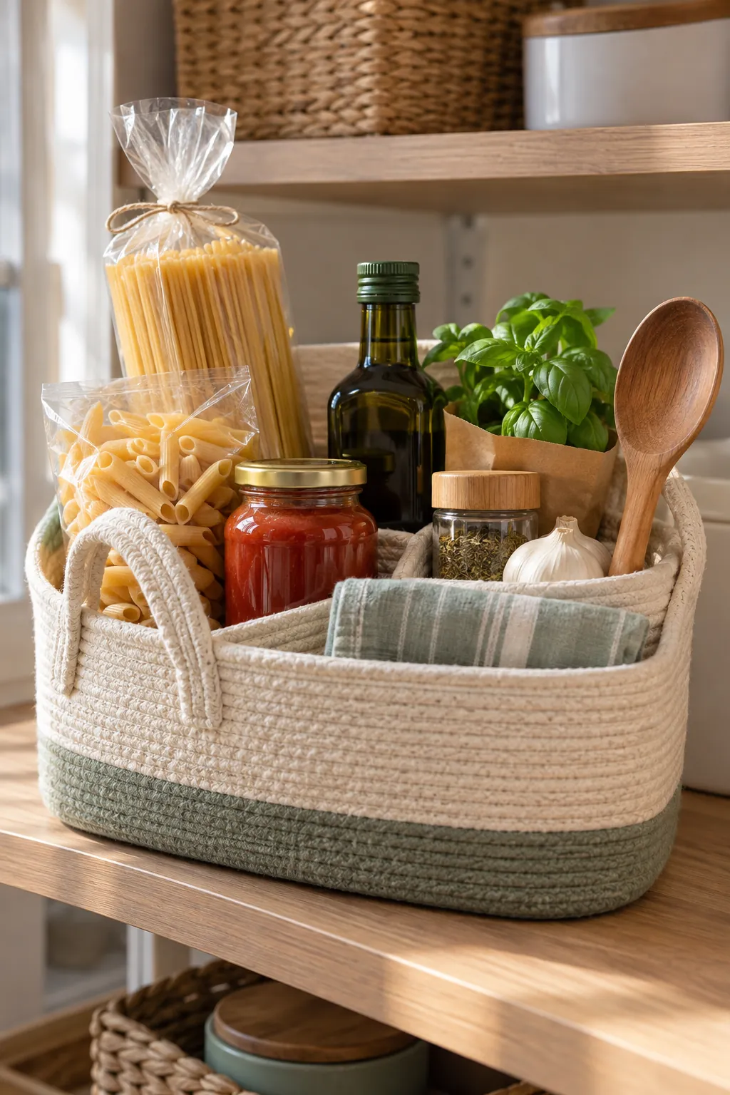 Pasta Night Basket arranged as a useful gift basket