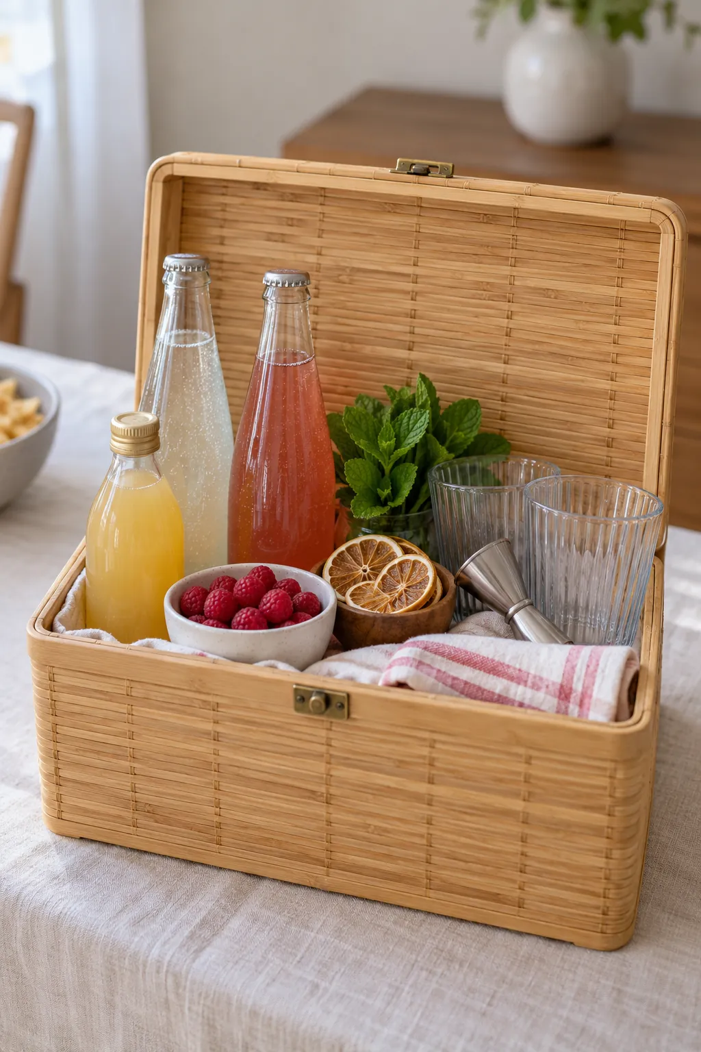 Mocktail Night Basket arranged as a useful gift basket