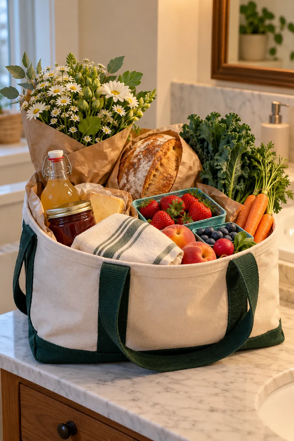 Farmers Market Basket arranged as a useful gift basket