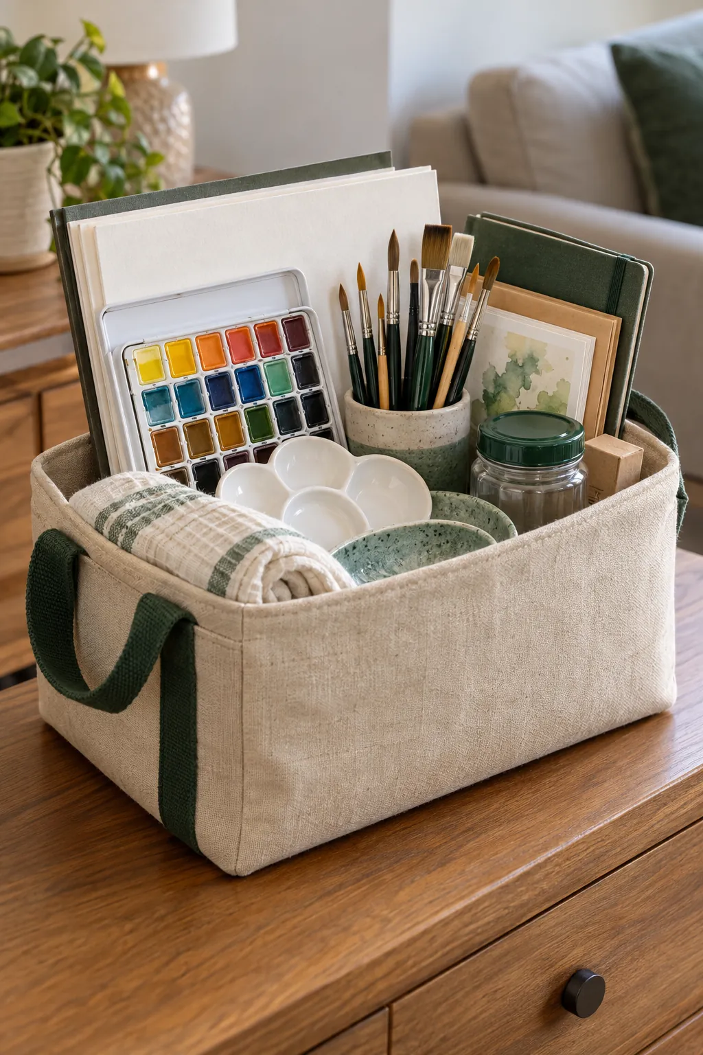 Watercolor Friend Basket arranged as a useful gift basket