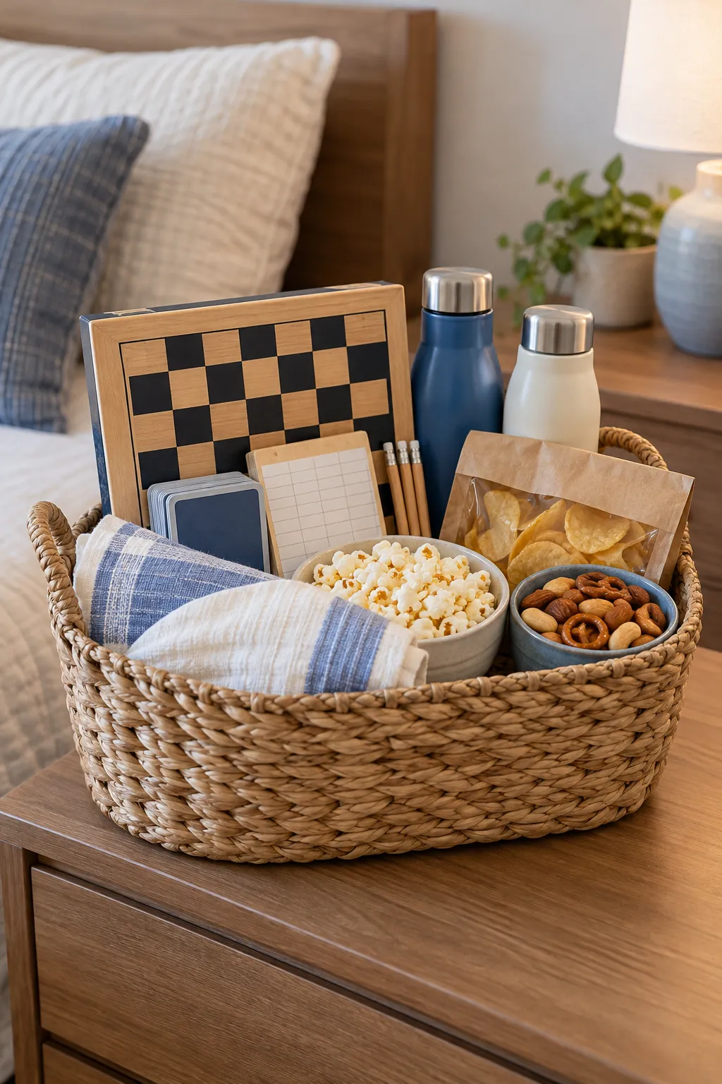 Game Night Basket arranged as a useful gift basket