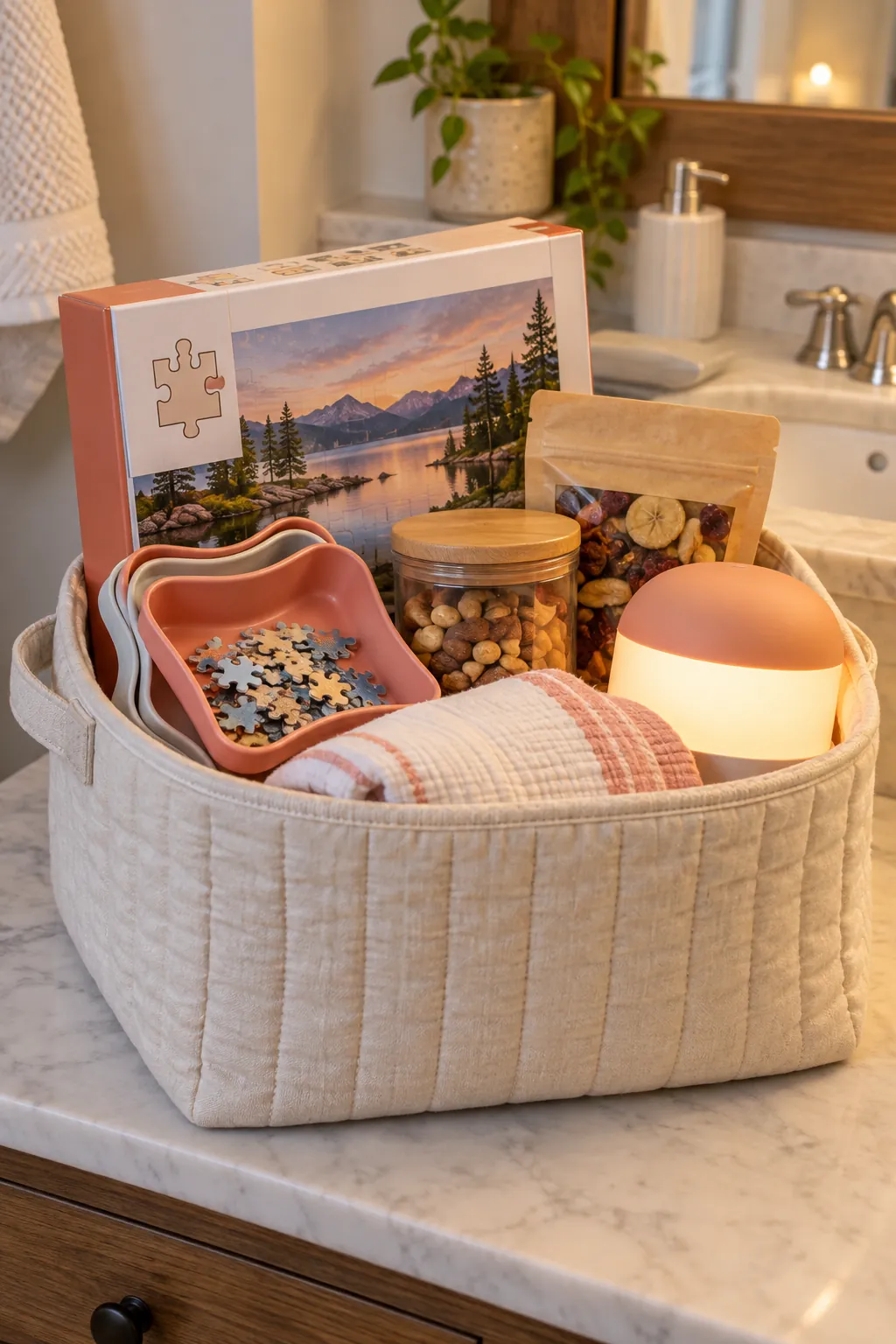 Puzzle Friend Basket arranged as a useful gift basket