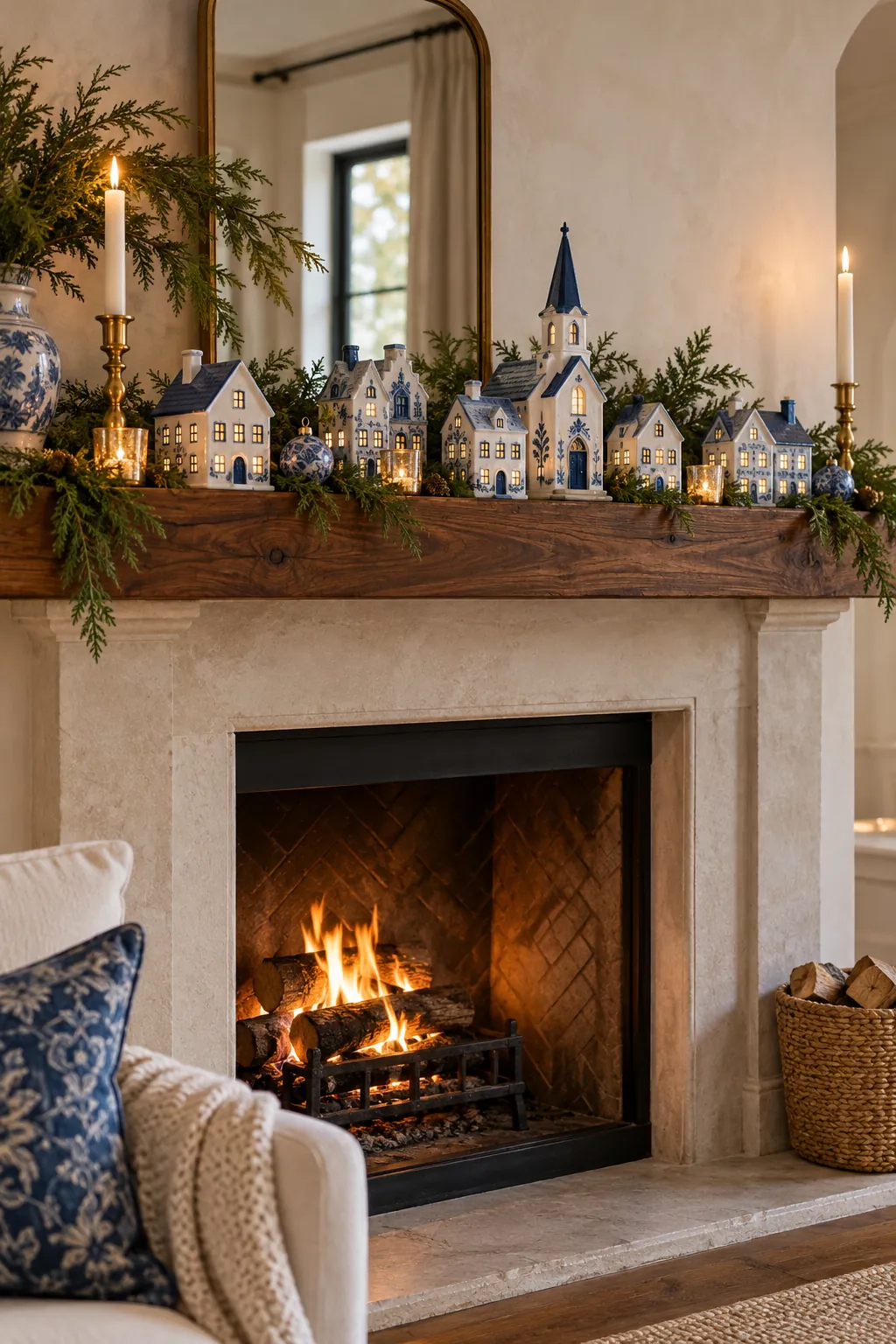 Blue and white ceramic Christmas village arranged on a wood mantel