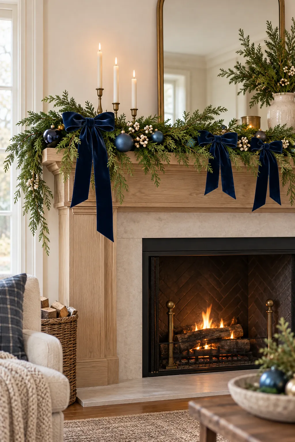 Navy velvet bows in cedar on a blue Christmas mantel