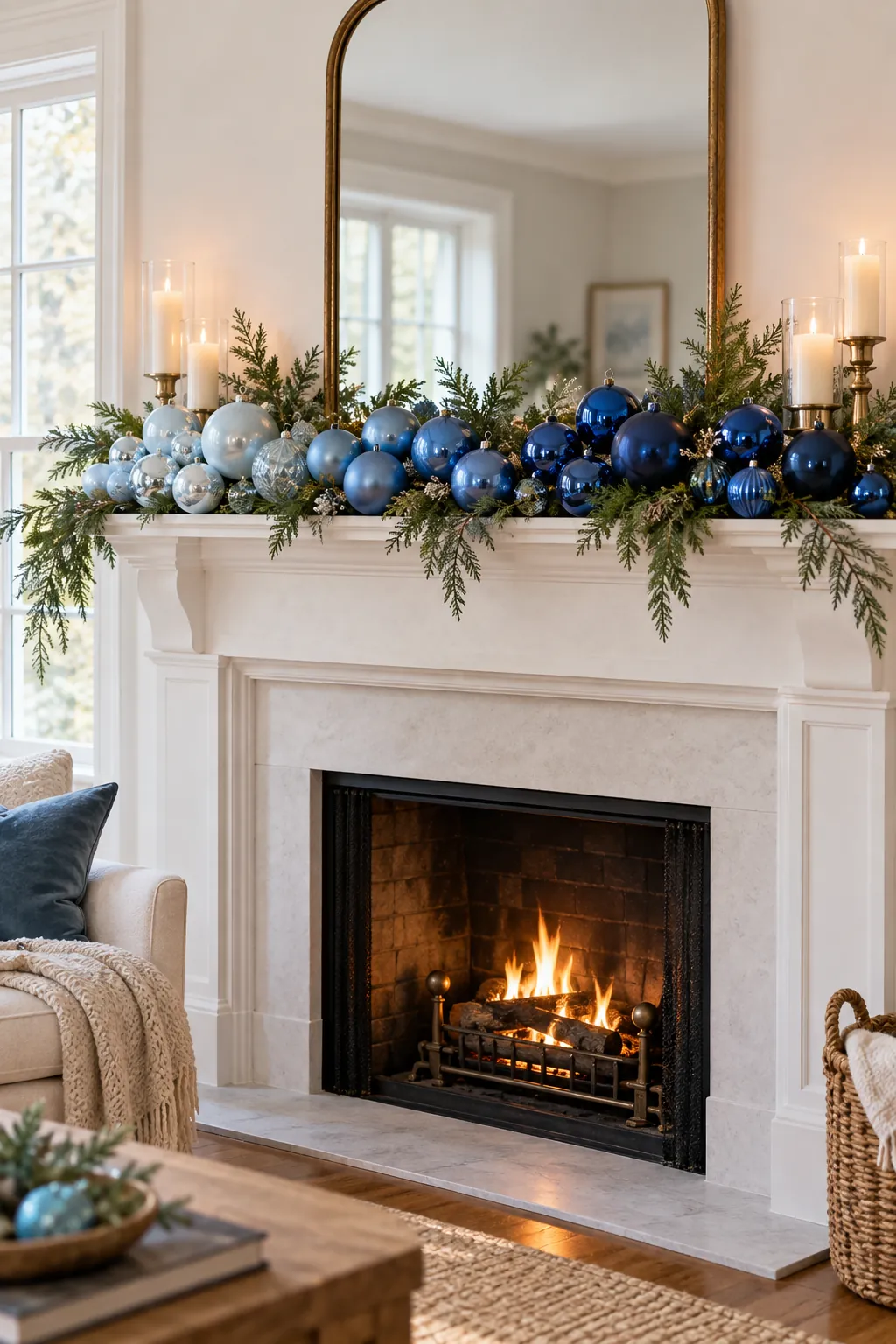 Blue ornament gradient from pale blue to navy across a Christmas mantel