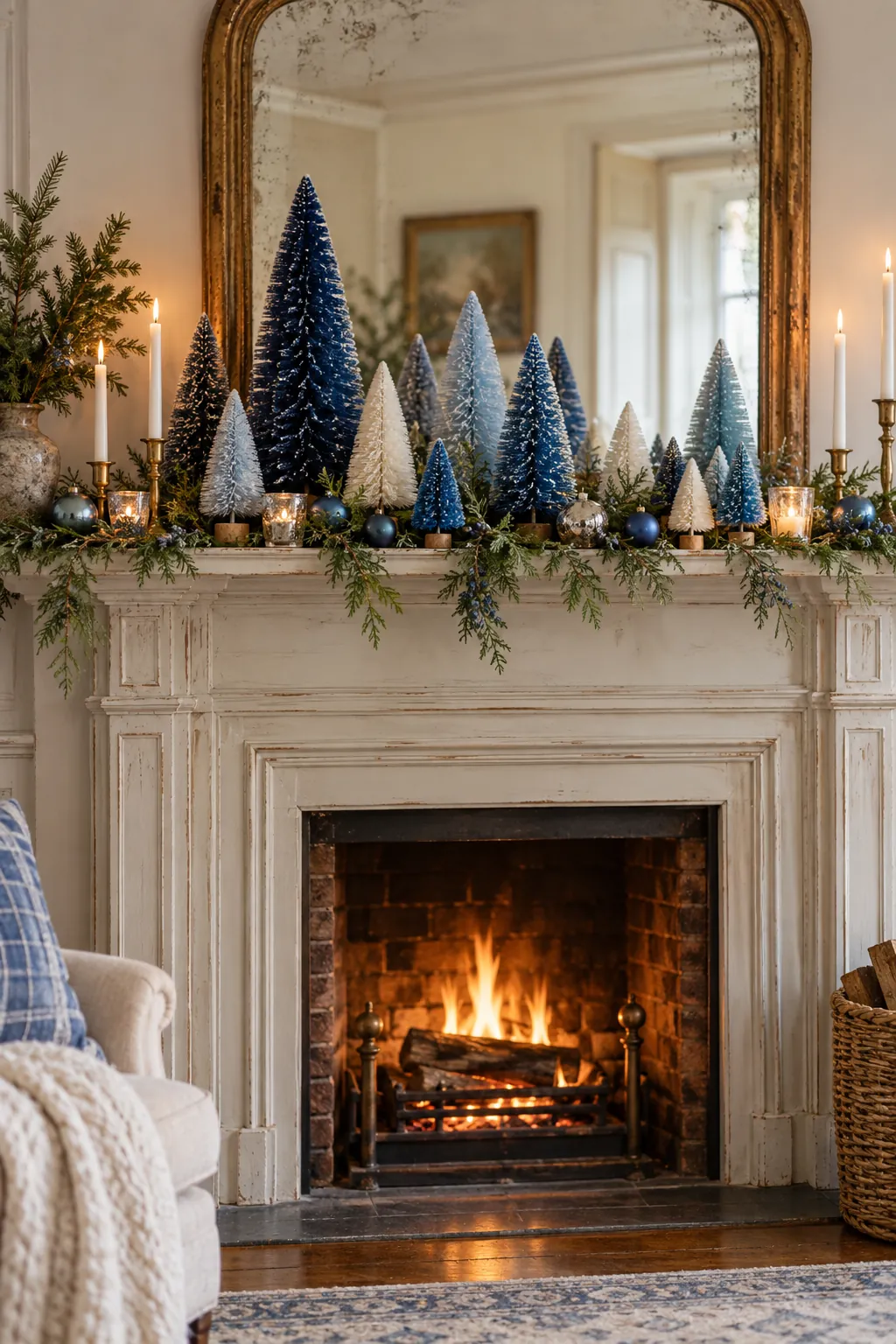 Icy blue navy and ivory bottlebrush tree forest on a mantel