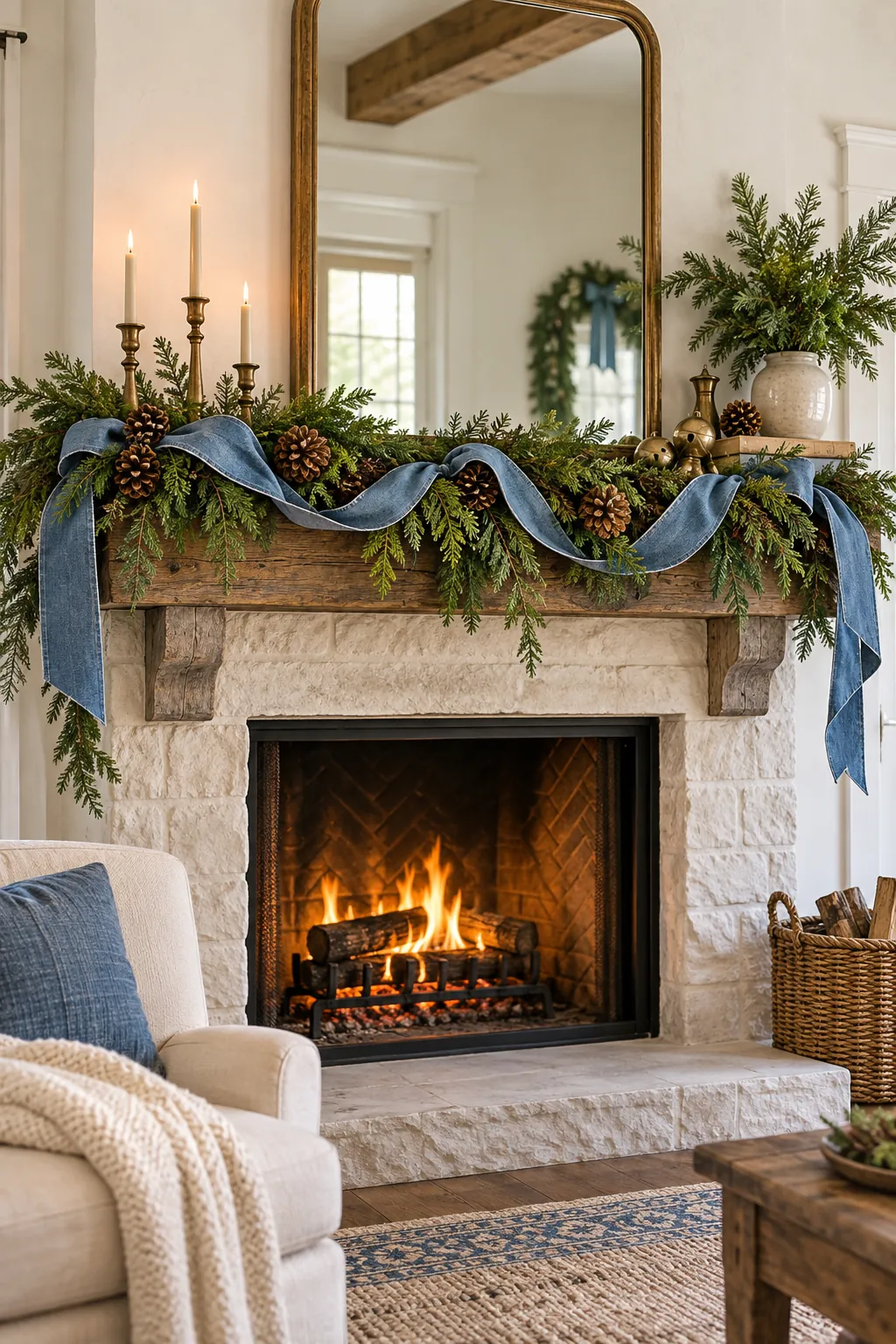 Washed denim ribbon woven loosely through fir mantel greenery