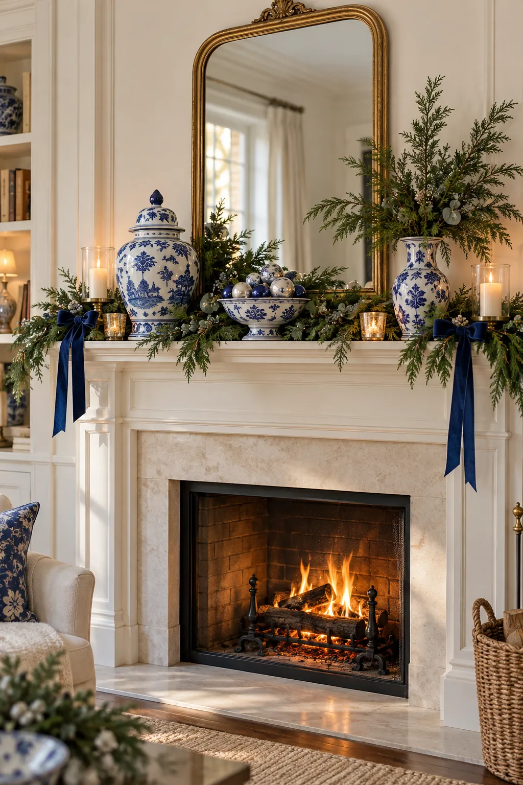 Blue and white Delft inspired ceramics with simple Christmas greenery