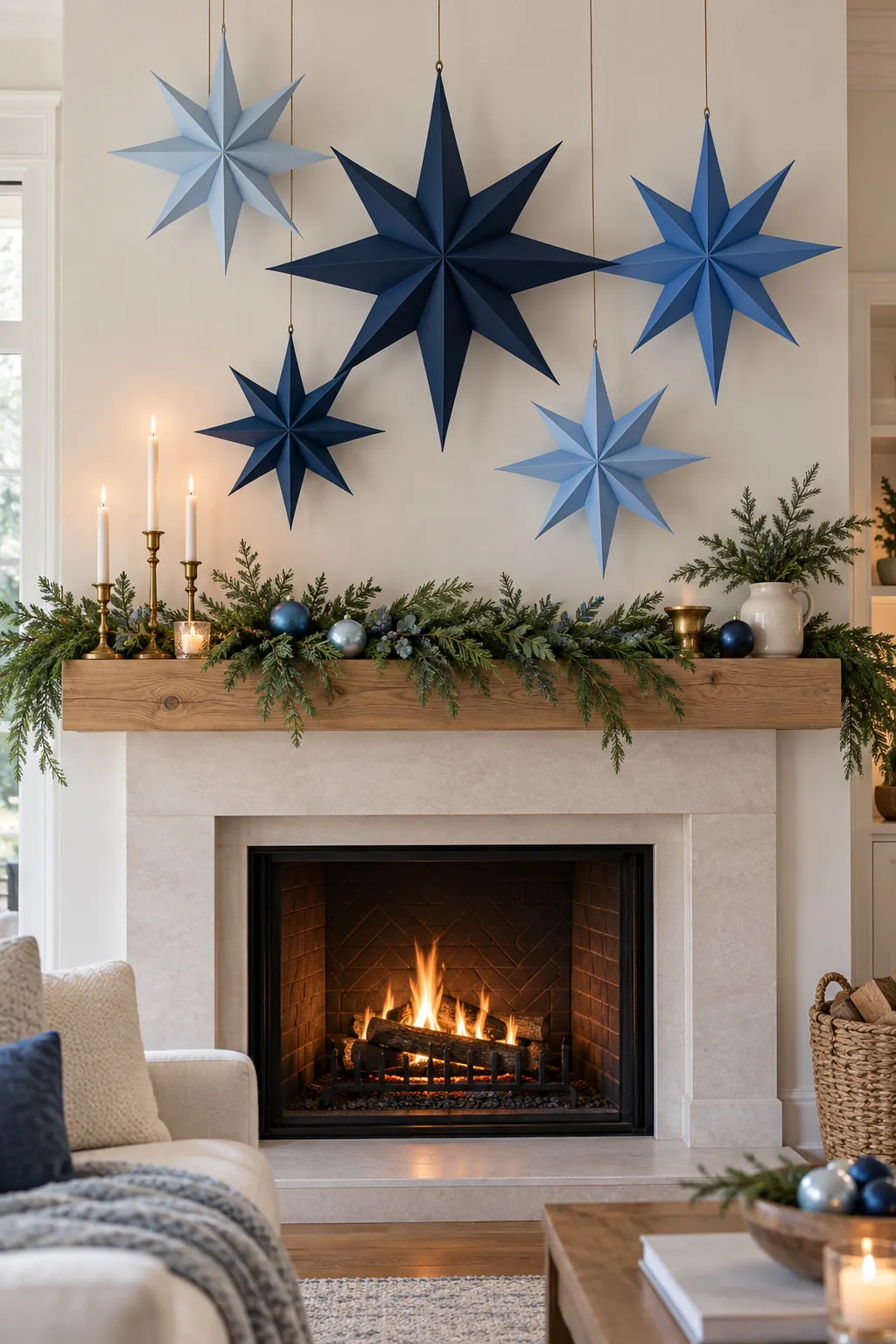 Oversized navy cobalt and powder blue paper stars above a mantel