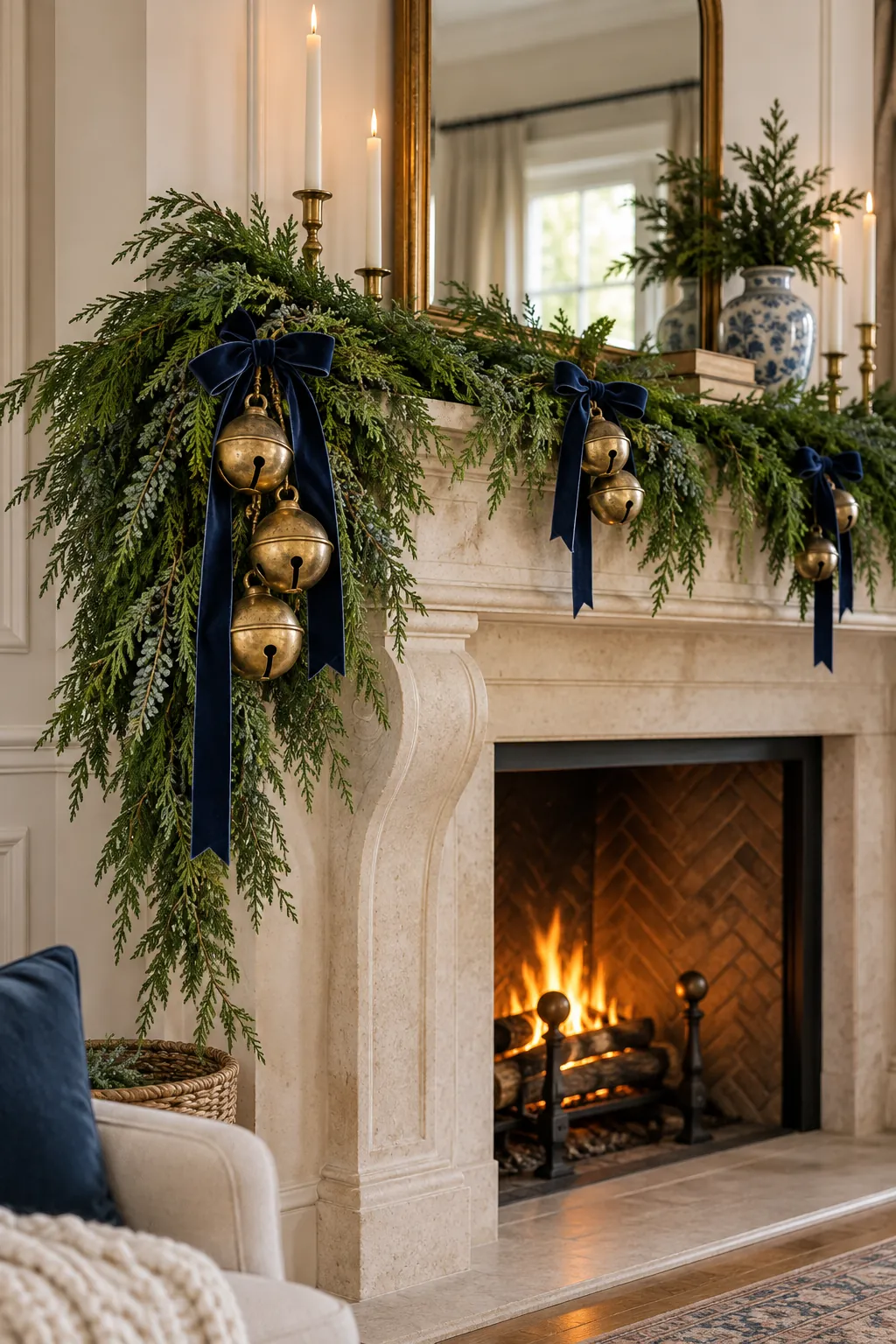 Navy ribbon and aged brass bells in Christmas mantel greenery