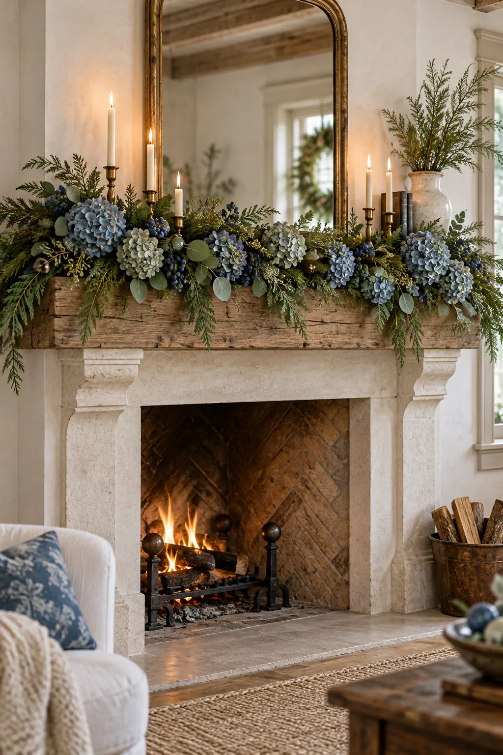 Dusty blue dried hydrangeas layered into cedar Christmas mantel decor