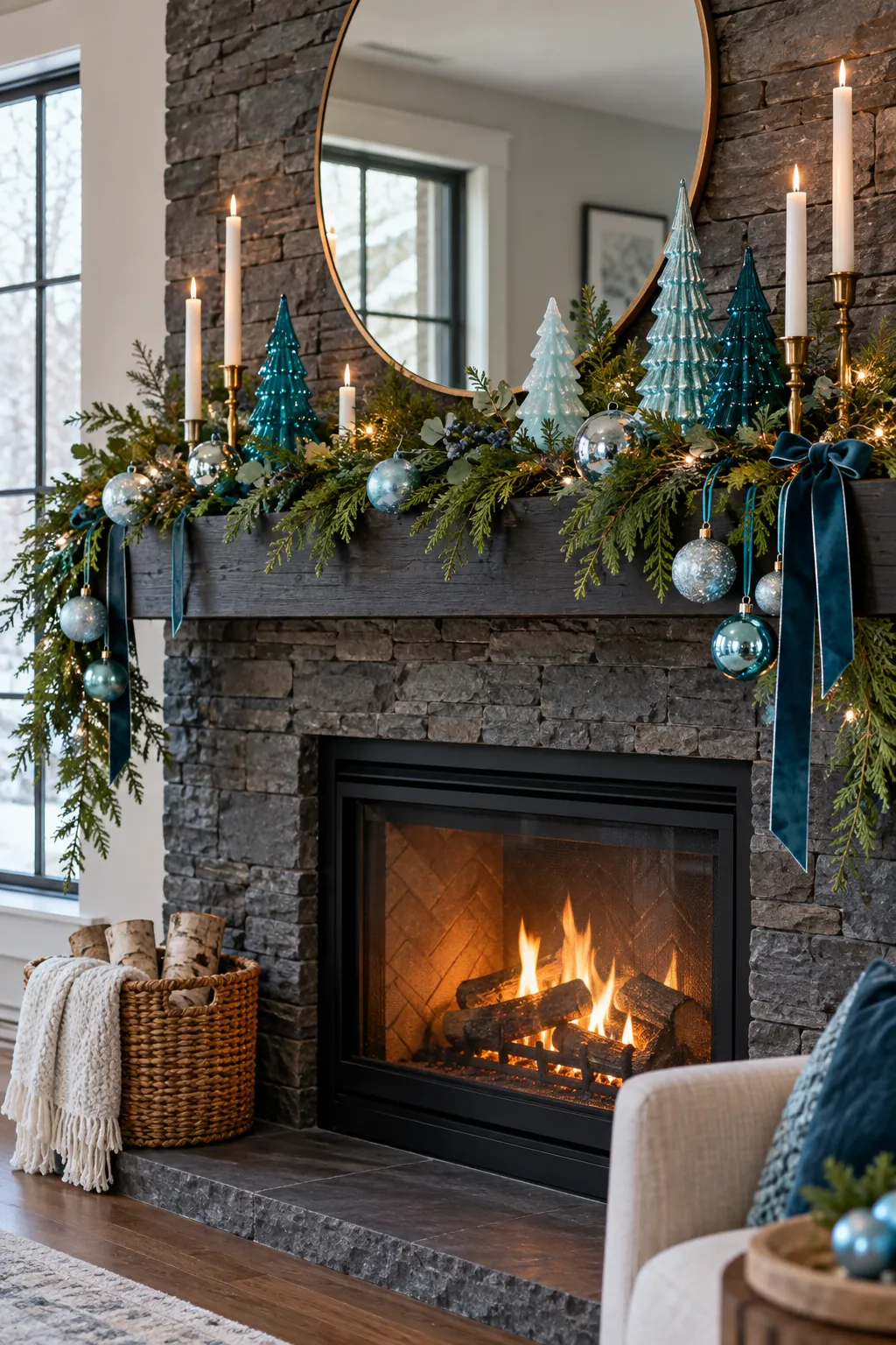 Teal and ice blue Christmas decor contrasting with dark stone fireplace