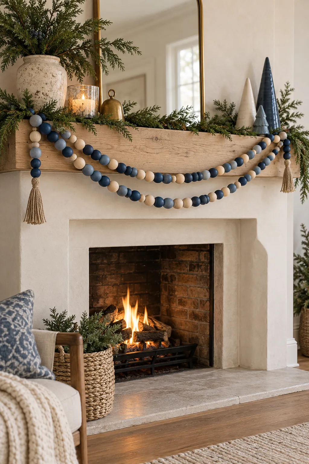 Painted navy faded blue and natural wood bead garland on a mantel
