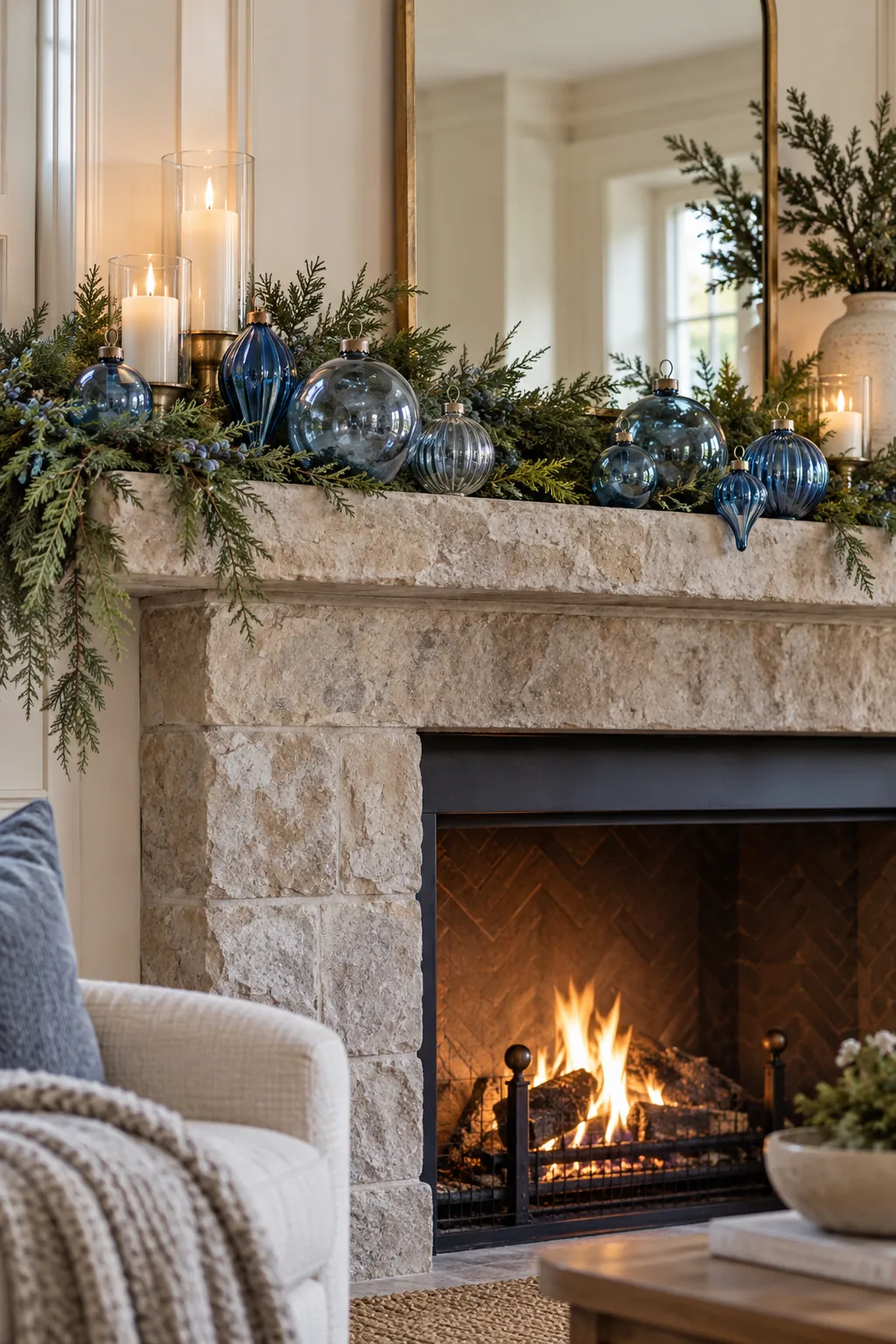 Smoky blue translucent glass ornaments grouped on a Christmas mantel