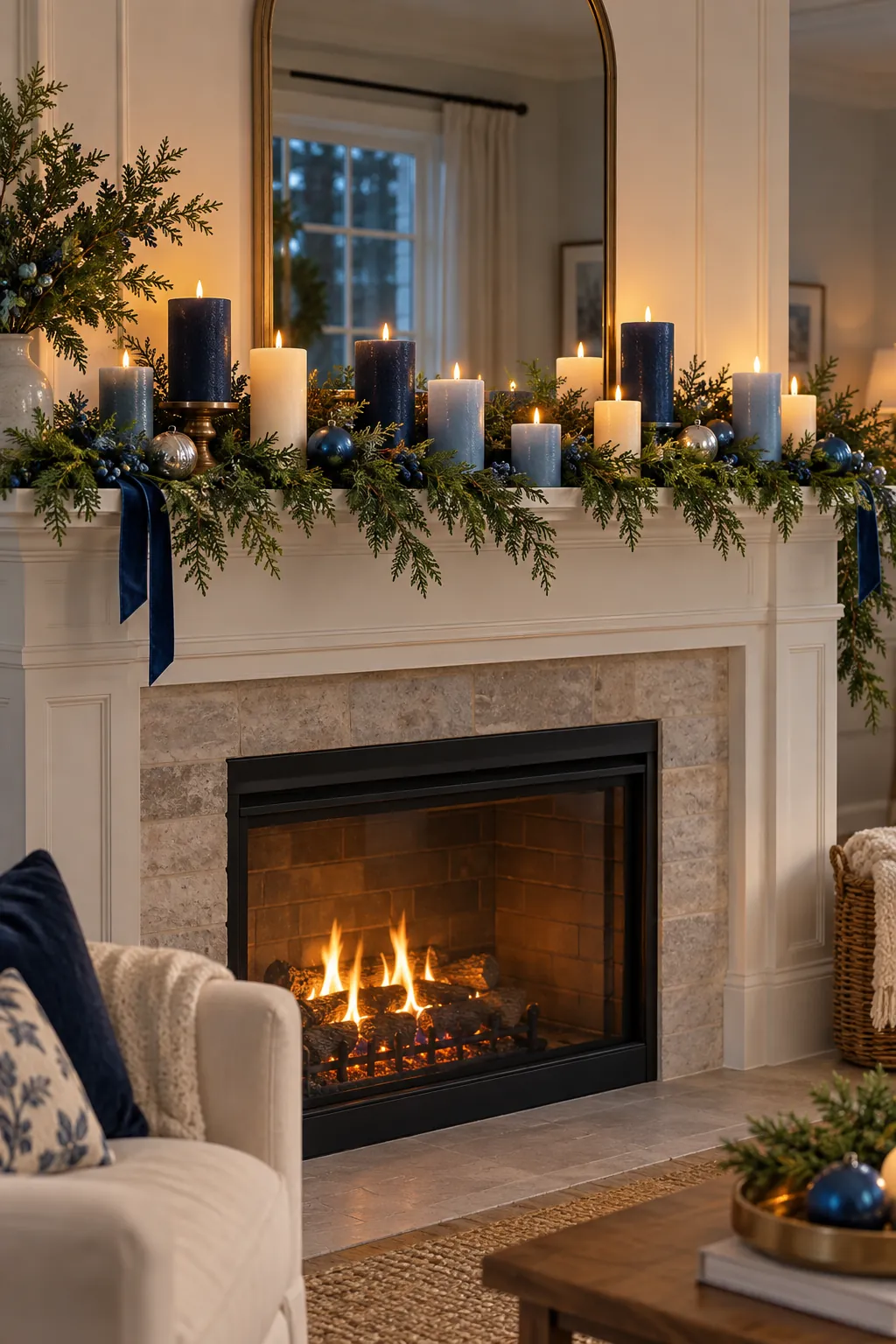 Navy slate blue and cream battery candles arranged on a mantel