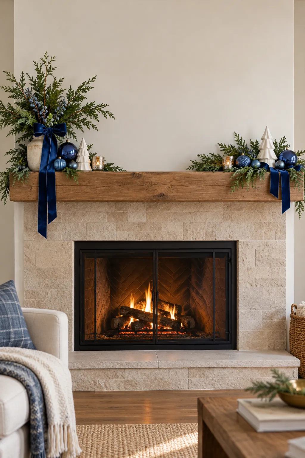 Two blue Christmas mantel clusters separated by clear wood shelf space