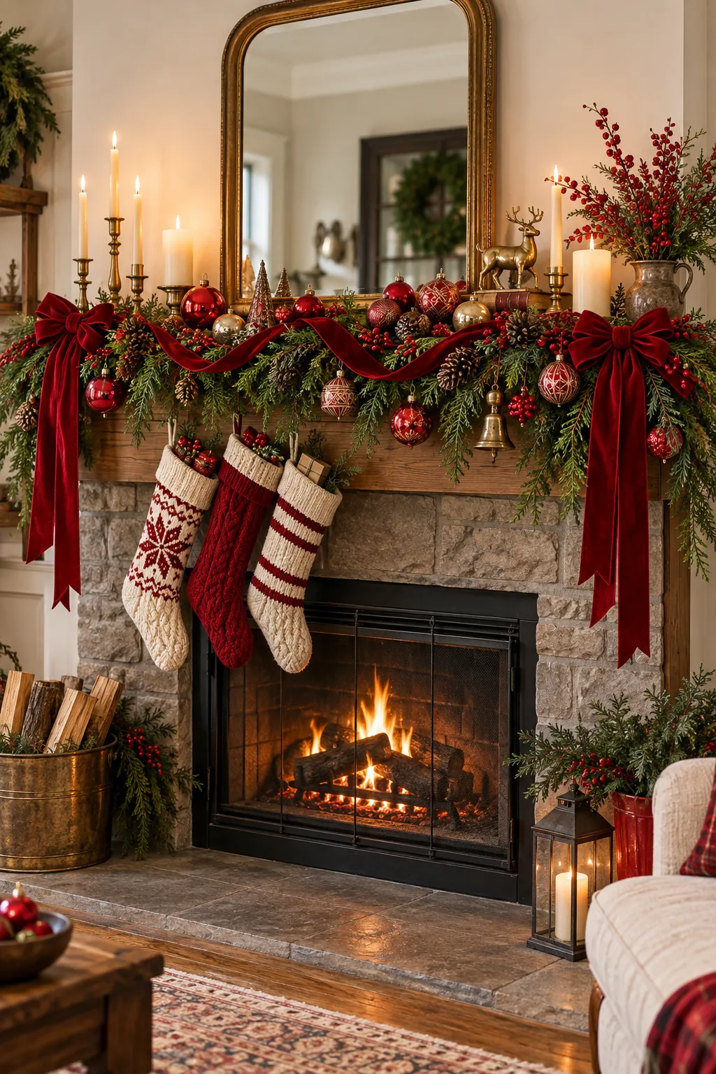 Red Christmas mantel with velvet ribbon, ornaments, stockings, cedar, and warm wood