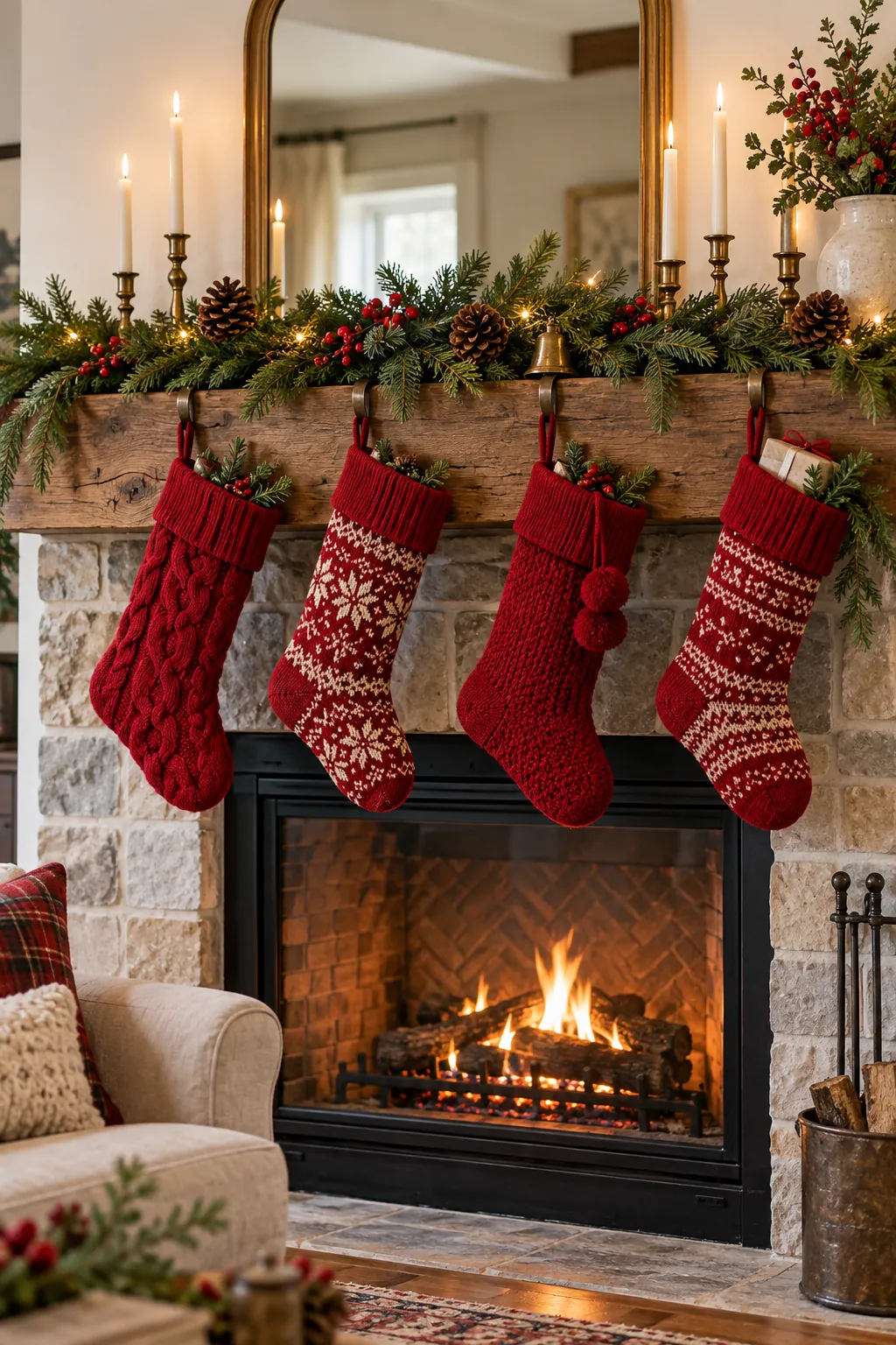Classic red knit stockings hanging from a wood Christmas mantel