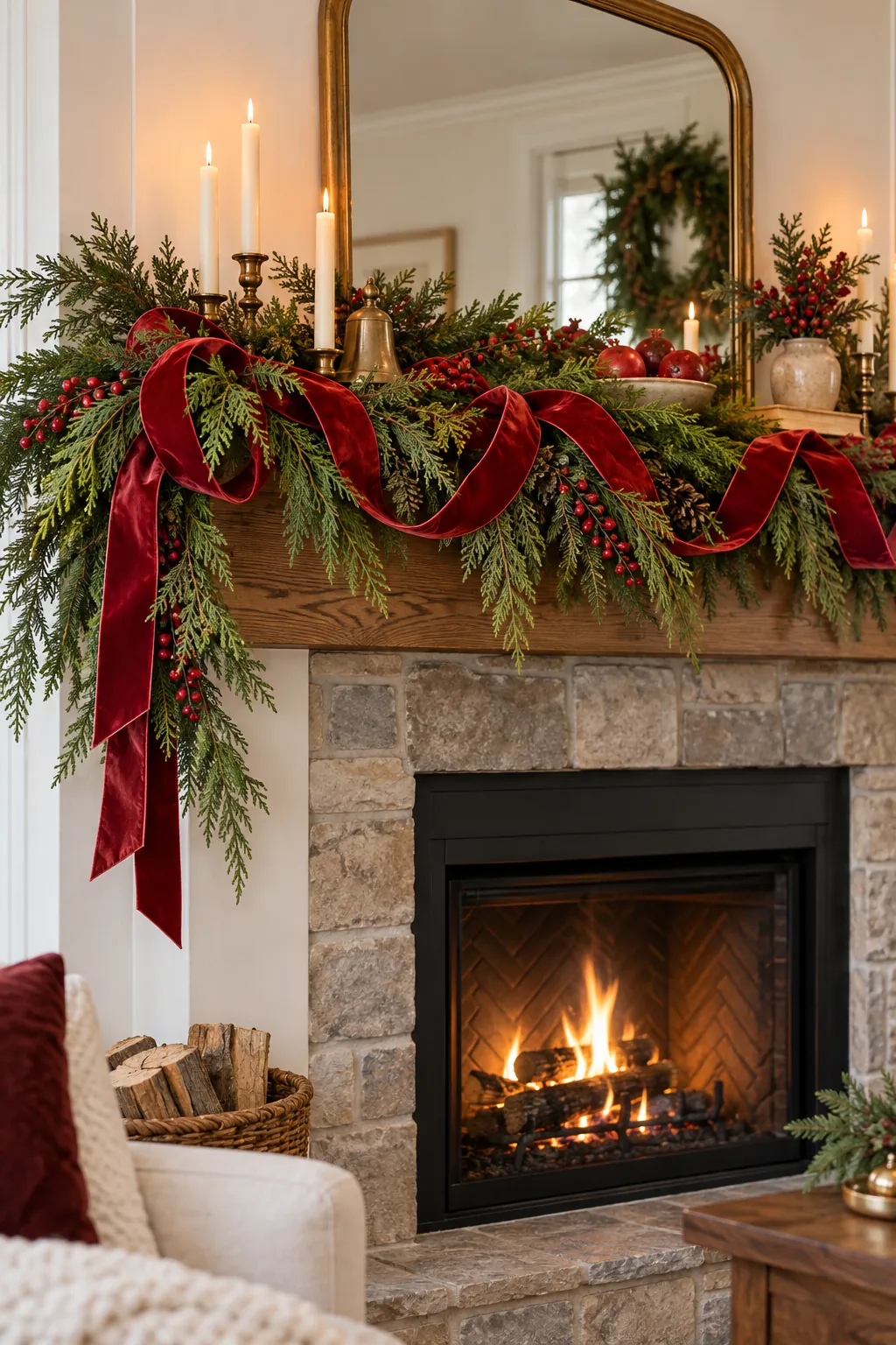 Red velvet ribbon looped through cedar Christmas mantel garland