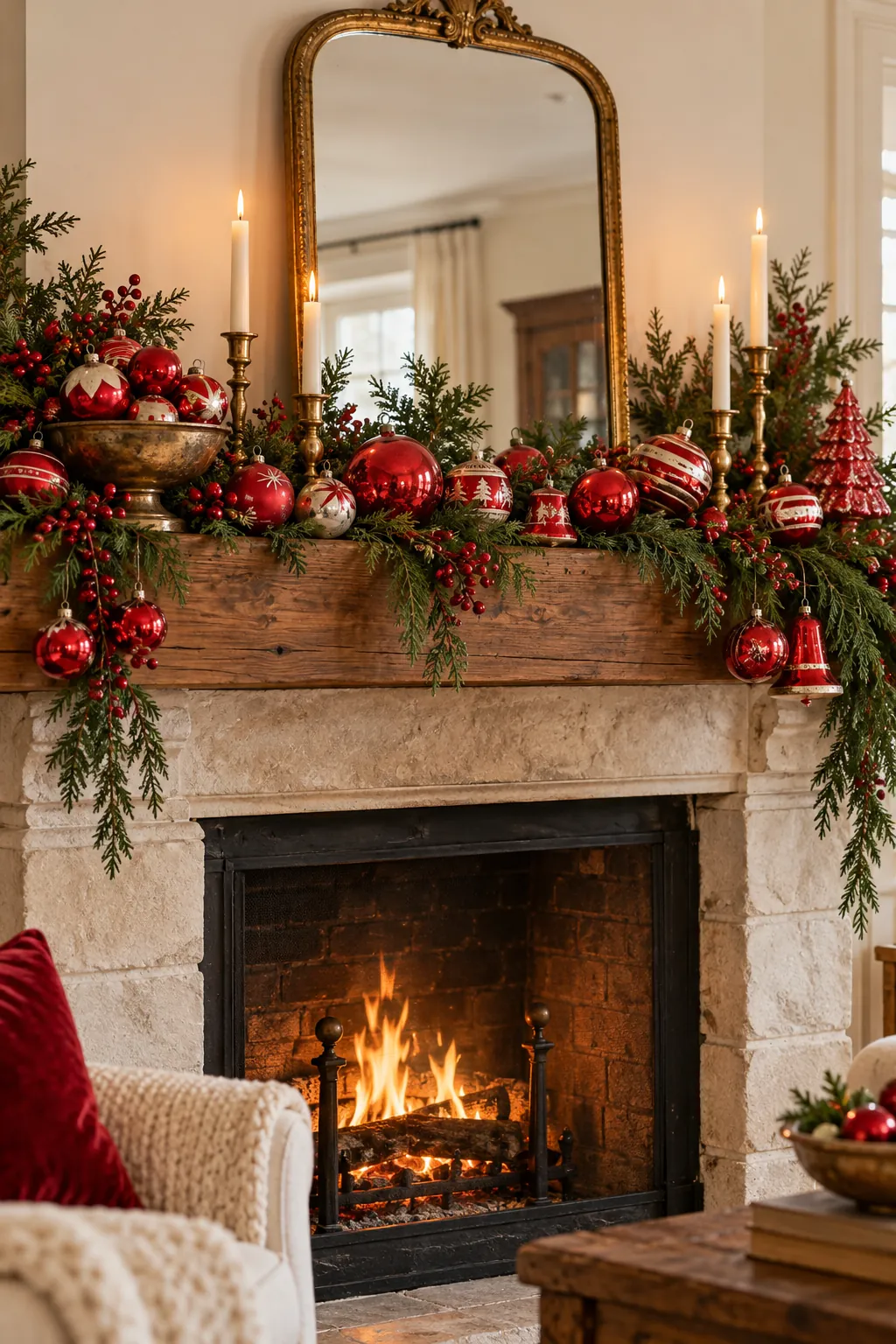 Vintage red Christmas ornaments grouped across a fireplace mantel