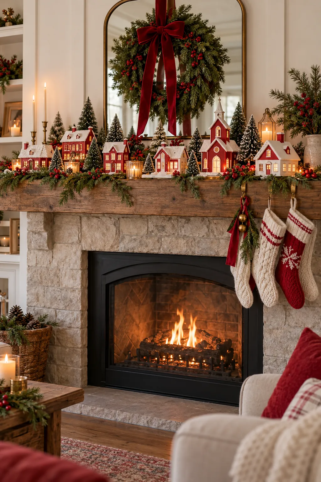 Red and white ceramic Christmas village on a mantel