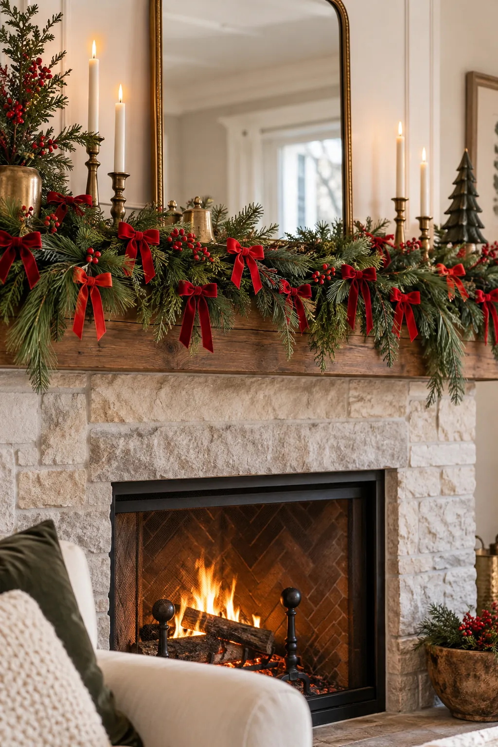 Mini red bows tied across pine Christmas mantel garland
