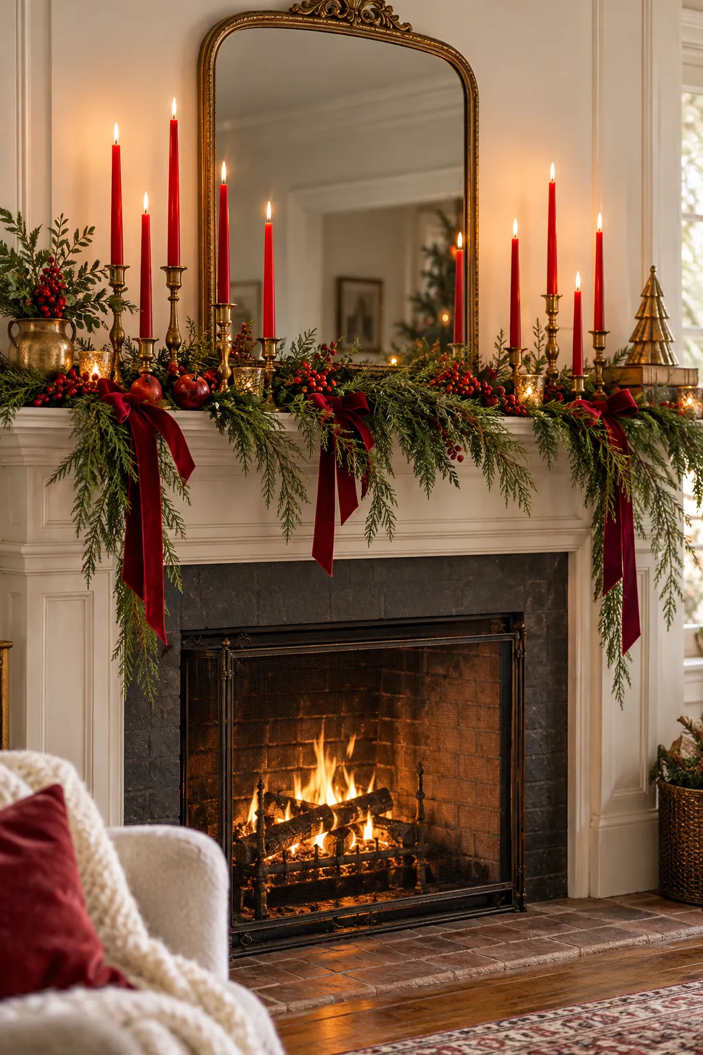 Red taper candles in brass holders on a Christmas mantel