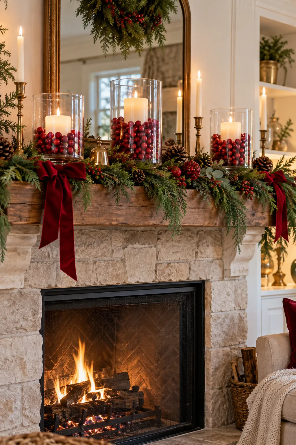 Glass hurricane candles filled with cranberries on a mantel