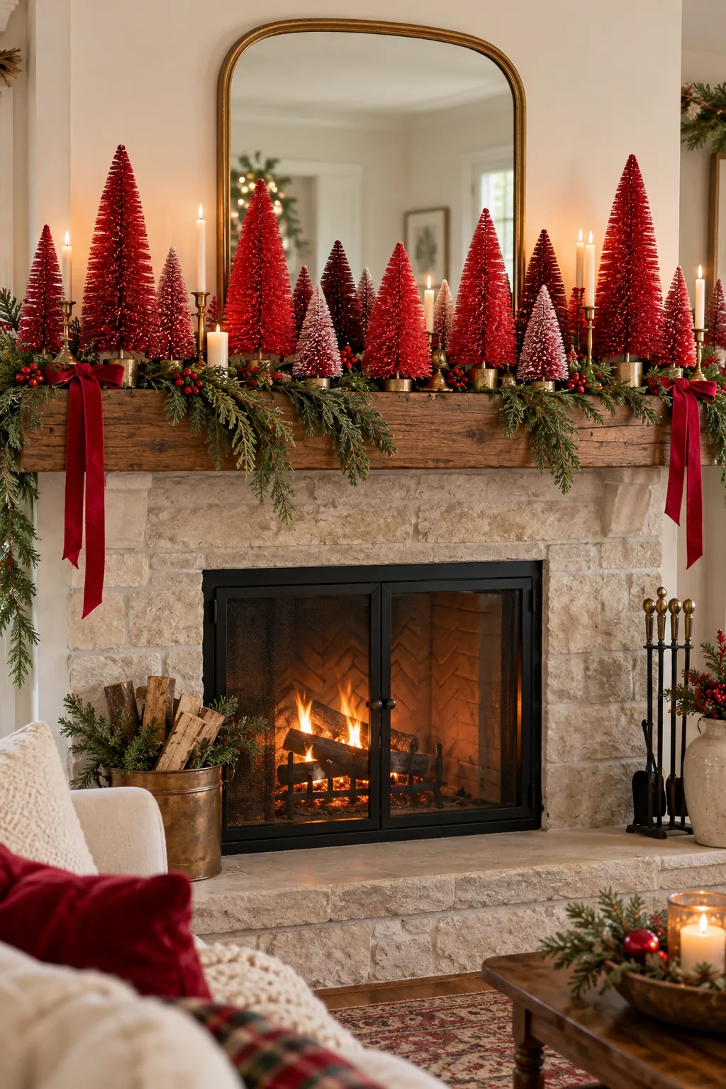 Red bottlebrush tree forest arranged across a mantel
