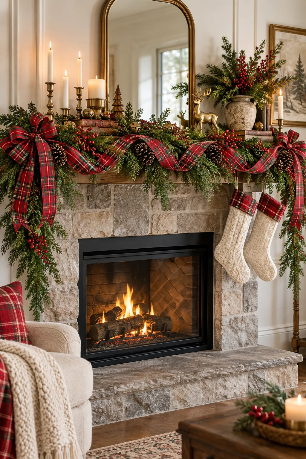 Red plaid ribbon woven through farmhouse Christmas mantel greenery