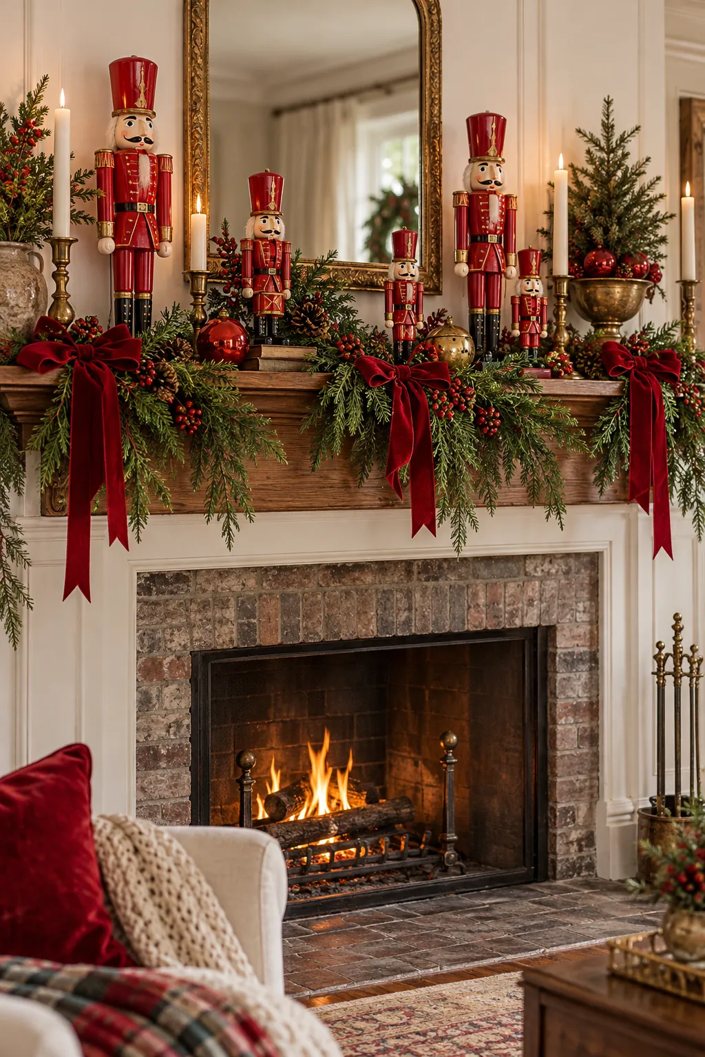 Red painted toy soldiers arranged on a nostalgic Christmas mantel