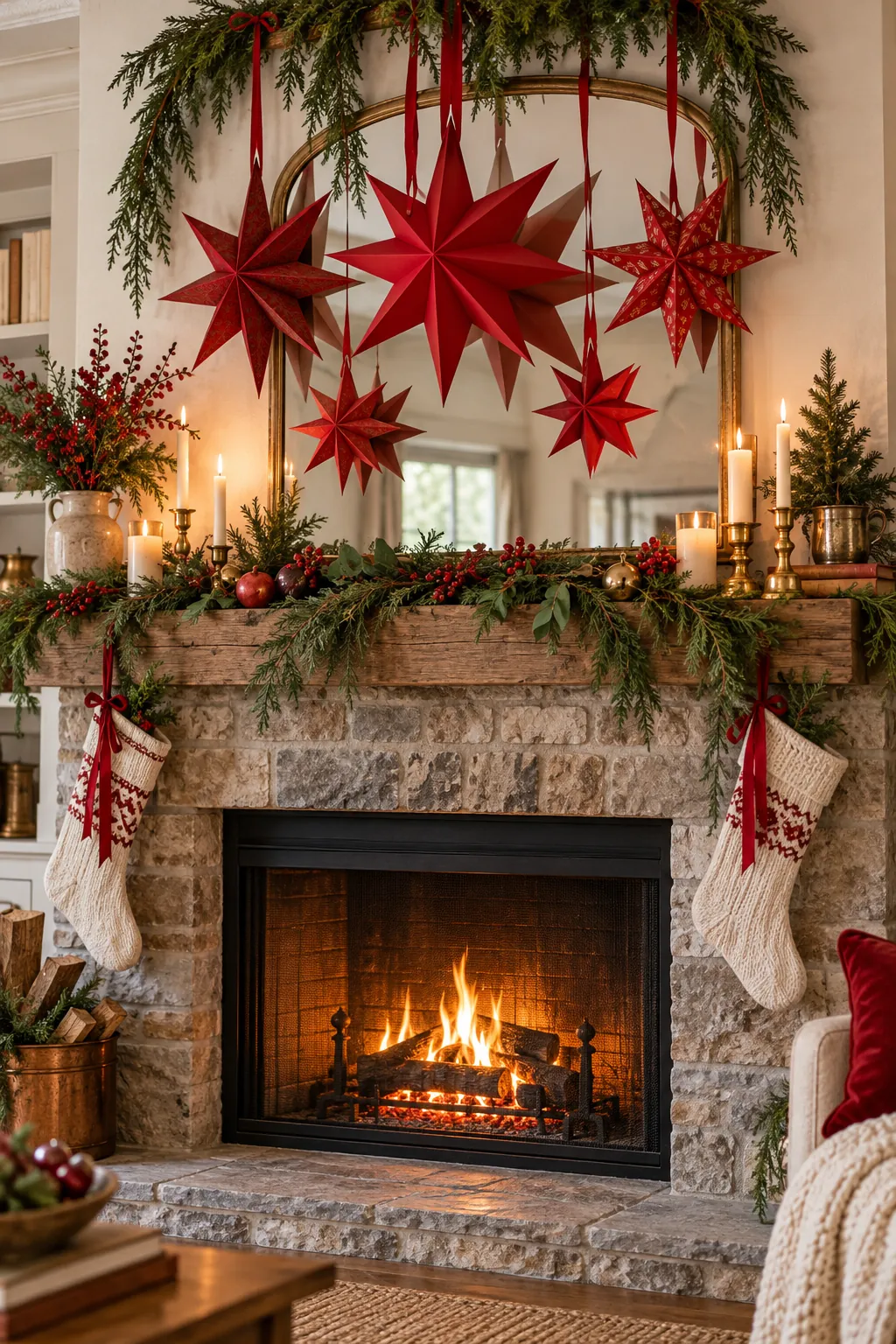 Scarlet folded paper stars hanging above a Christmas mantel