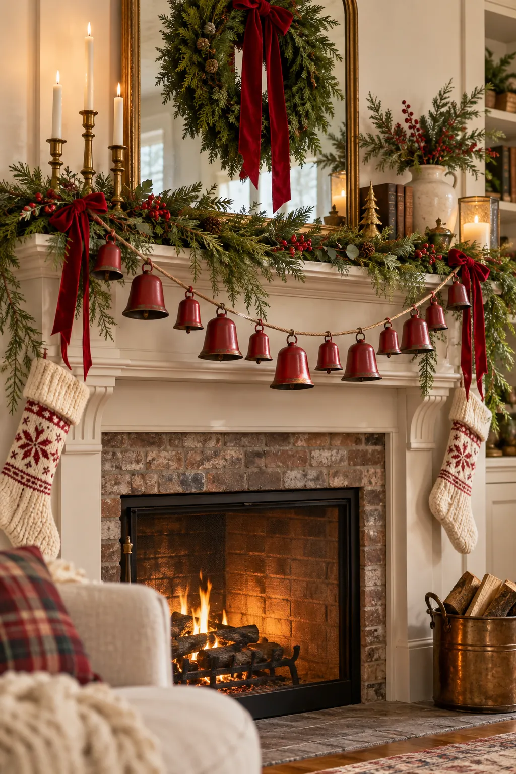Red metal bell garland draped across a Christmas mantel