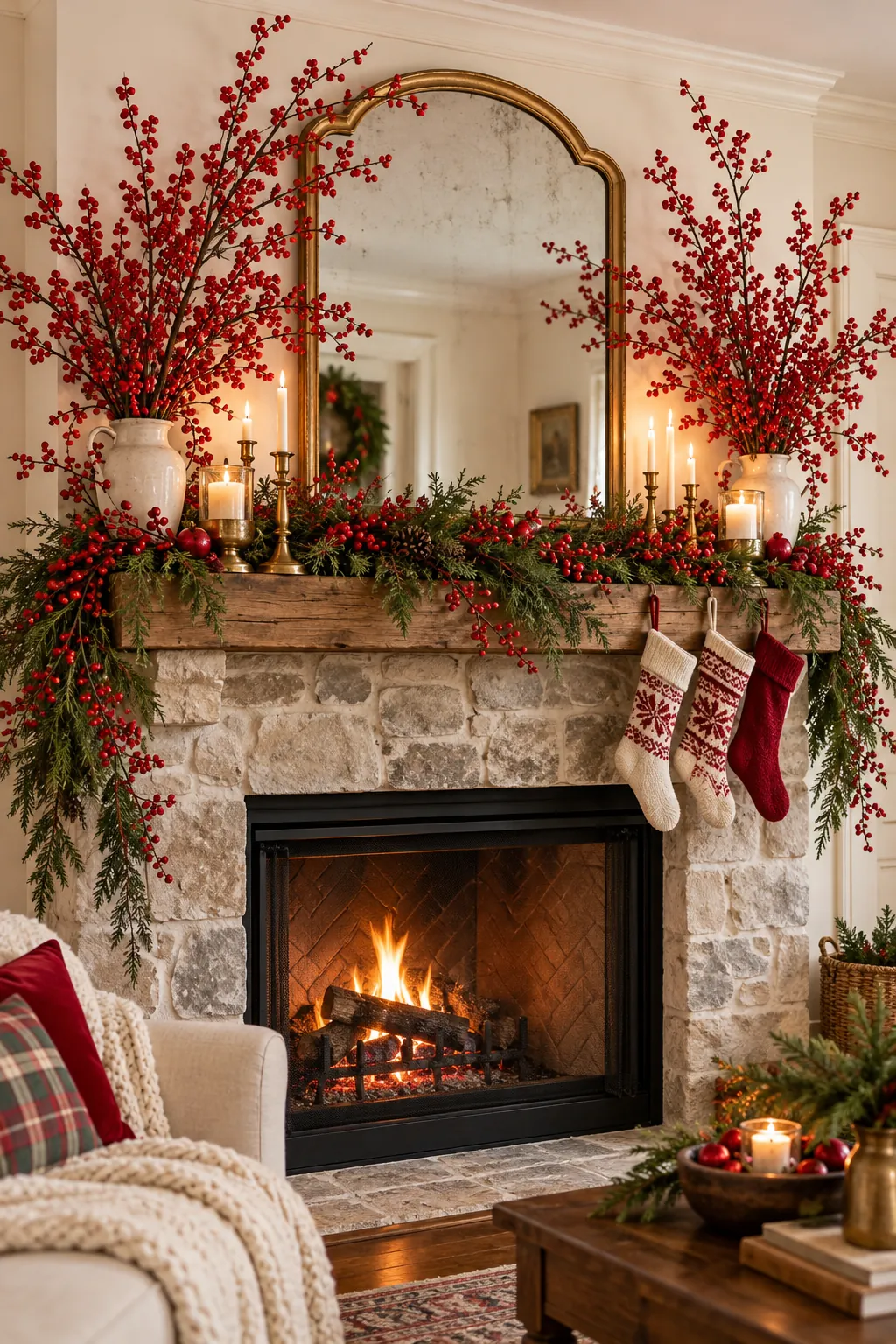 Tall red berry branches framing a Christmas fireplace mantel