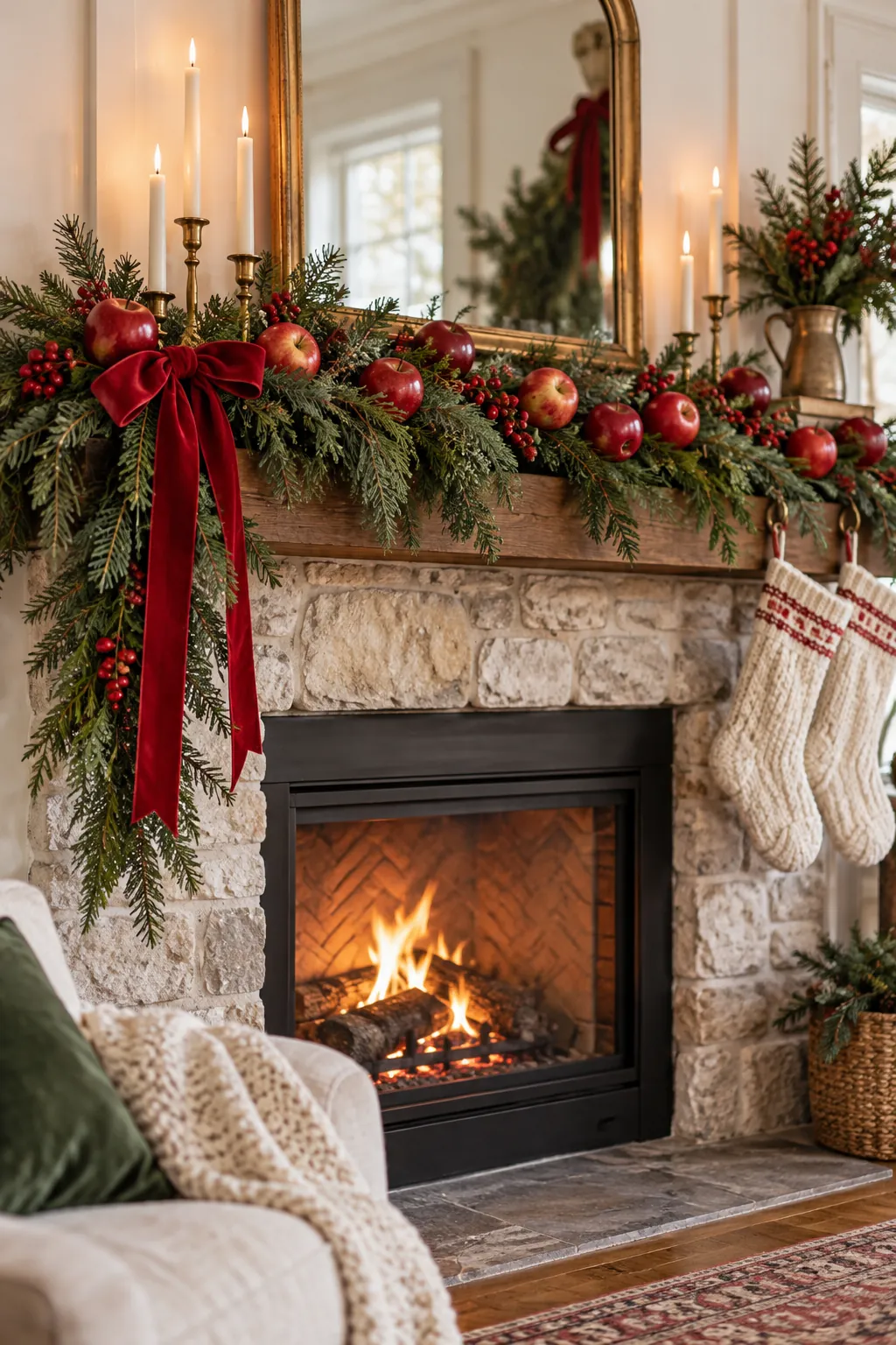 Red apples nestled in evergreen Christmas mantel garland