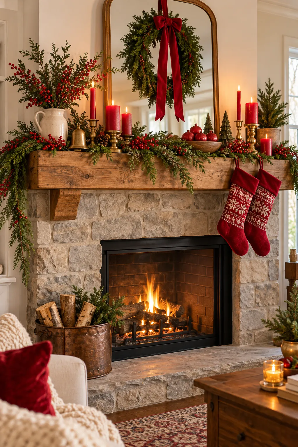 Red Christmas accents spaced across a warm natural wood mantel