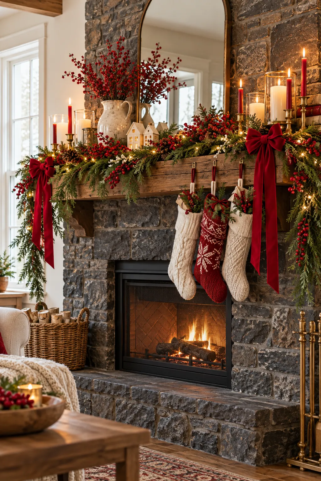 Red and white Christmas decor brightening a dark stone fireplace