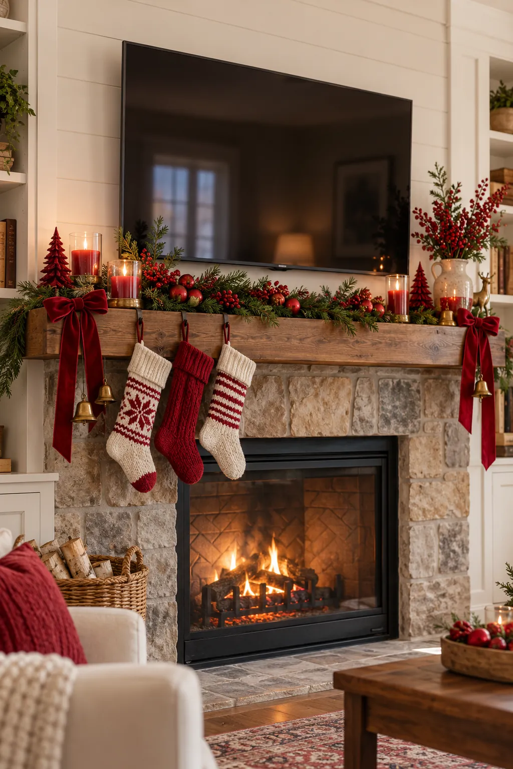 Low red Christmas accents arranged safely below a mantel television