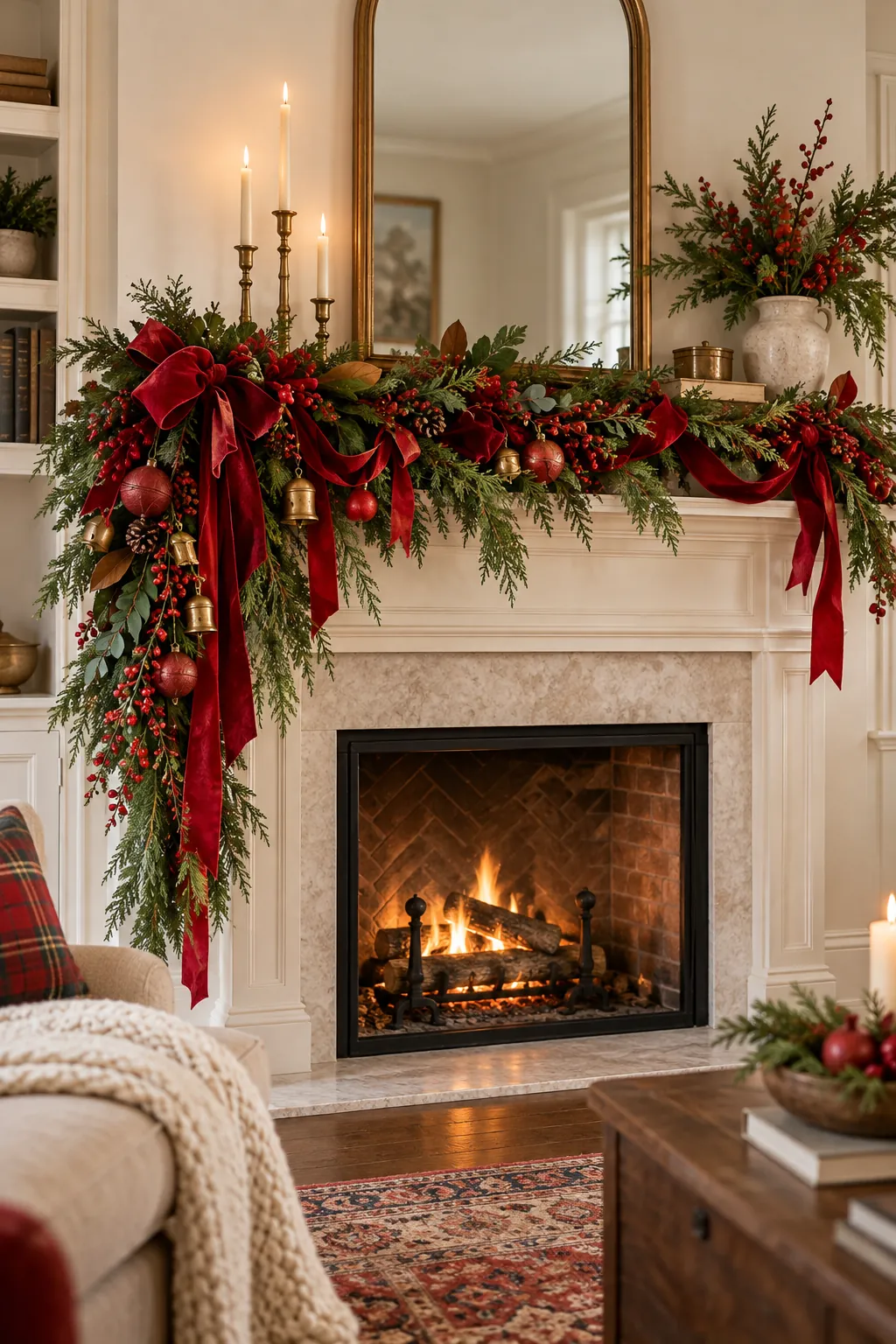 Asymmetrical red ribbon and evergreen Christmas mantel garland